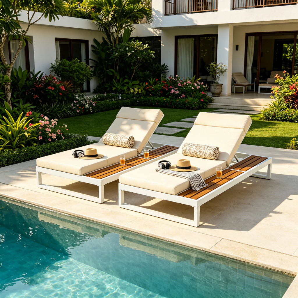 White Iron & Teak Finish Chaise Lounge Set