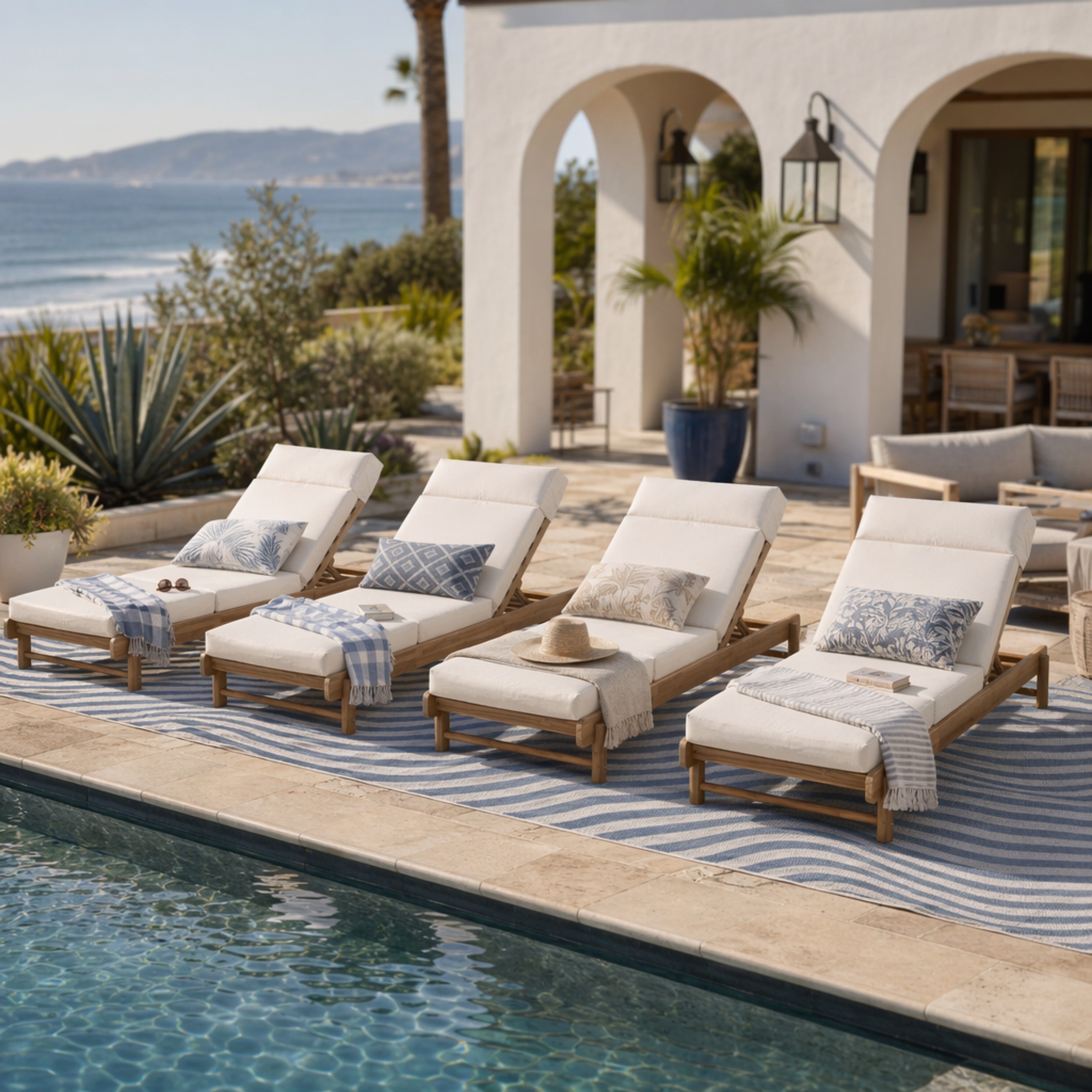 Light Teak Acacia Wood Chaise Lounge Set: 1 Frame + 1 4-Fold