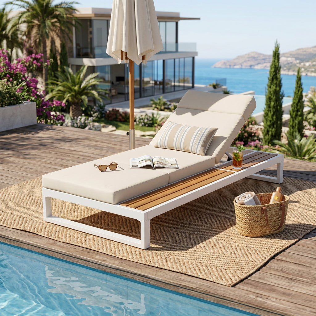 White Iron & Teak Finish Chaise Lounge Set