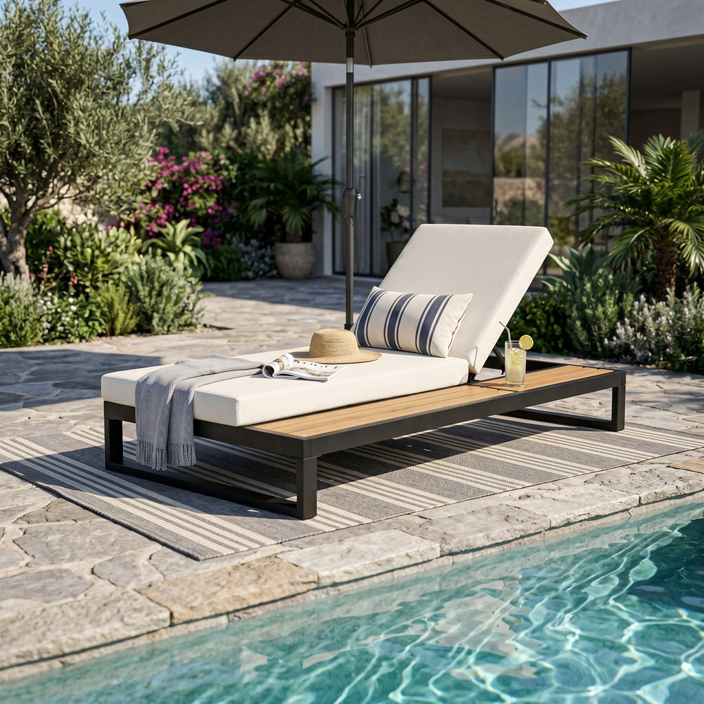 Black Iron & Teak Finish Chaise Lounge Set