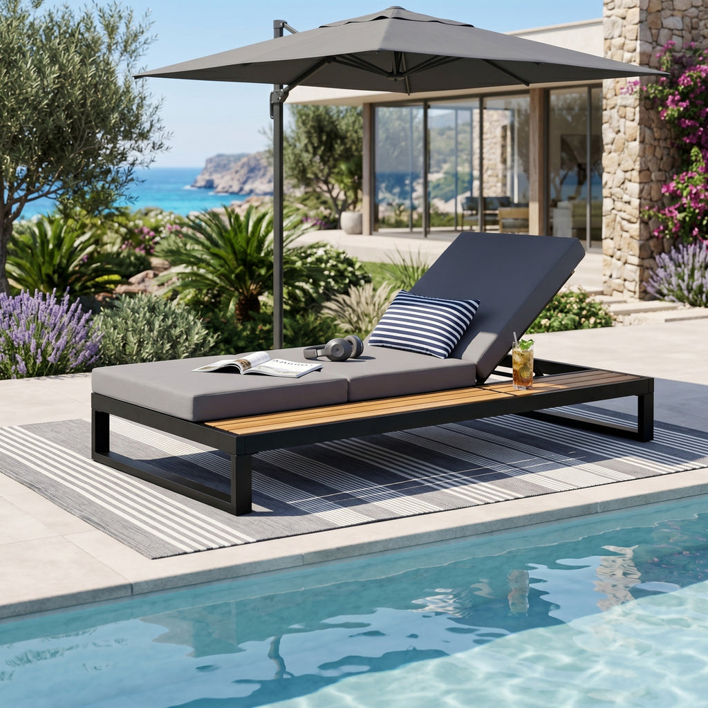Black Iron & Teak Finish Chaise Lounge Set: 1 Frame + 1 3-Fold Dark Cushion