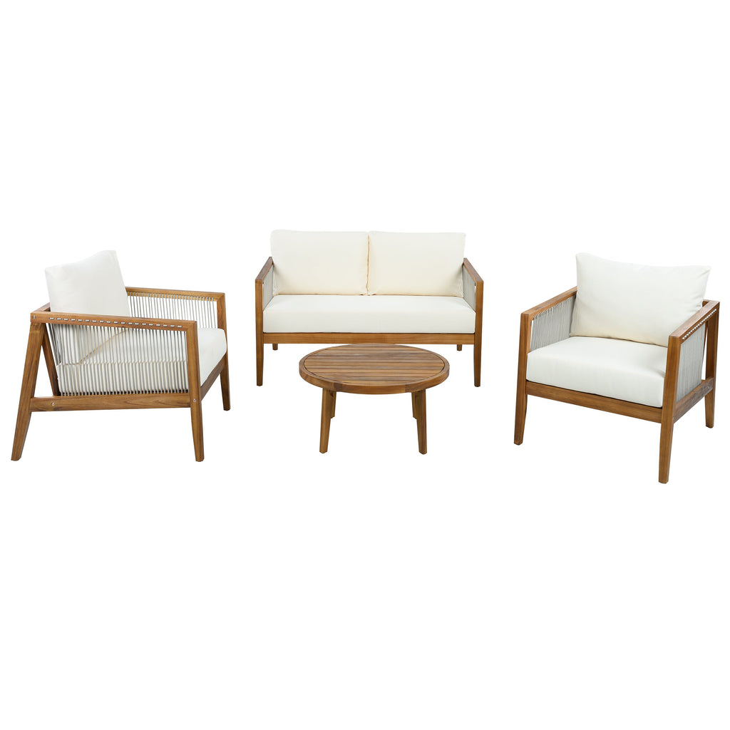 Outdoor 4-Piece Sofa Set, Acacia Wood Frame with Rope Detail