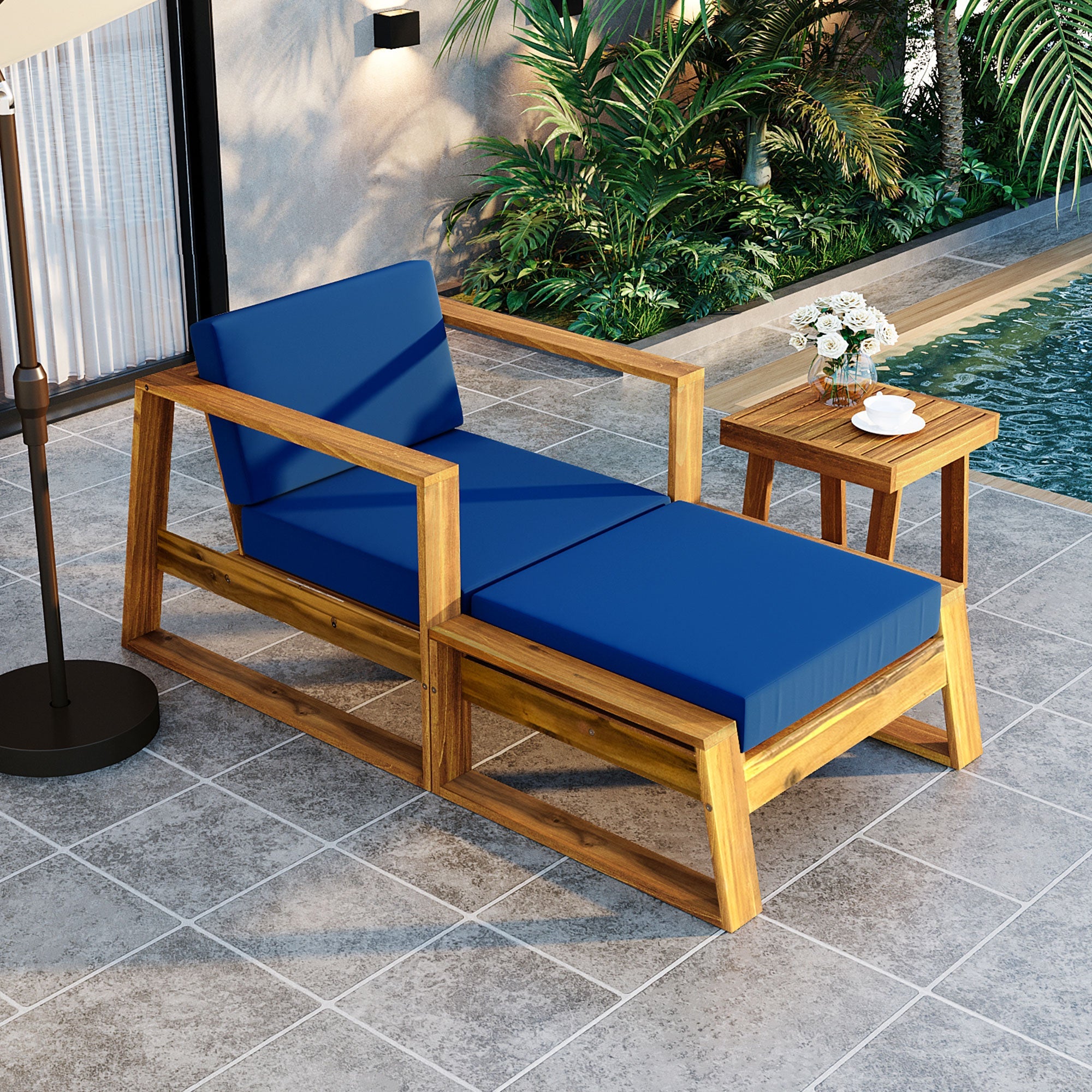 U_STYLE Acacia Wood Outdoor Lounge Set - Chair and Ottoman