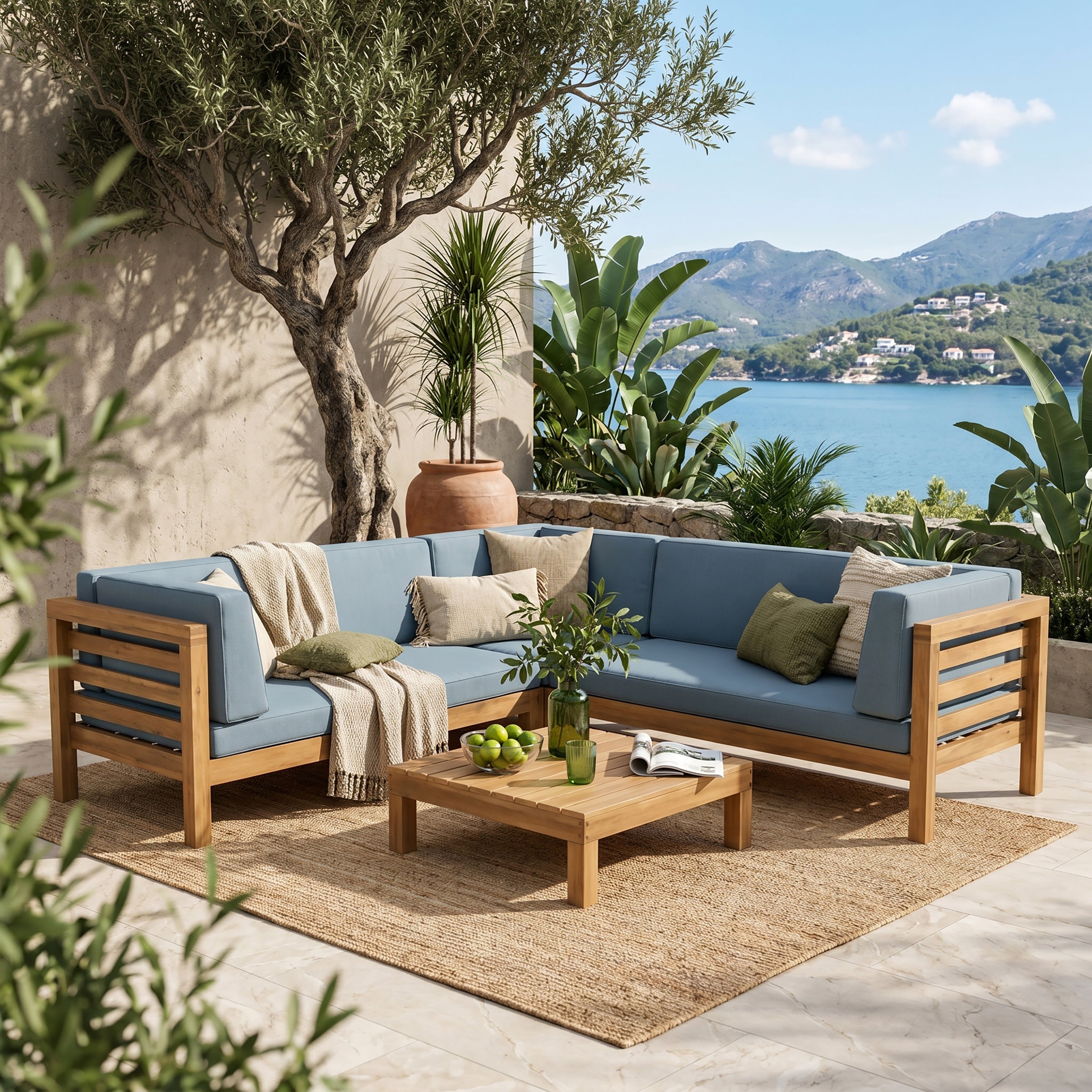 Oana Outdoor Wooden Sectional Set With Cushions
