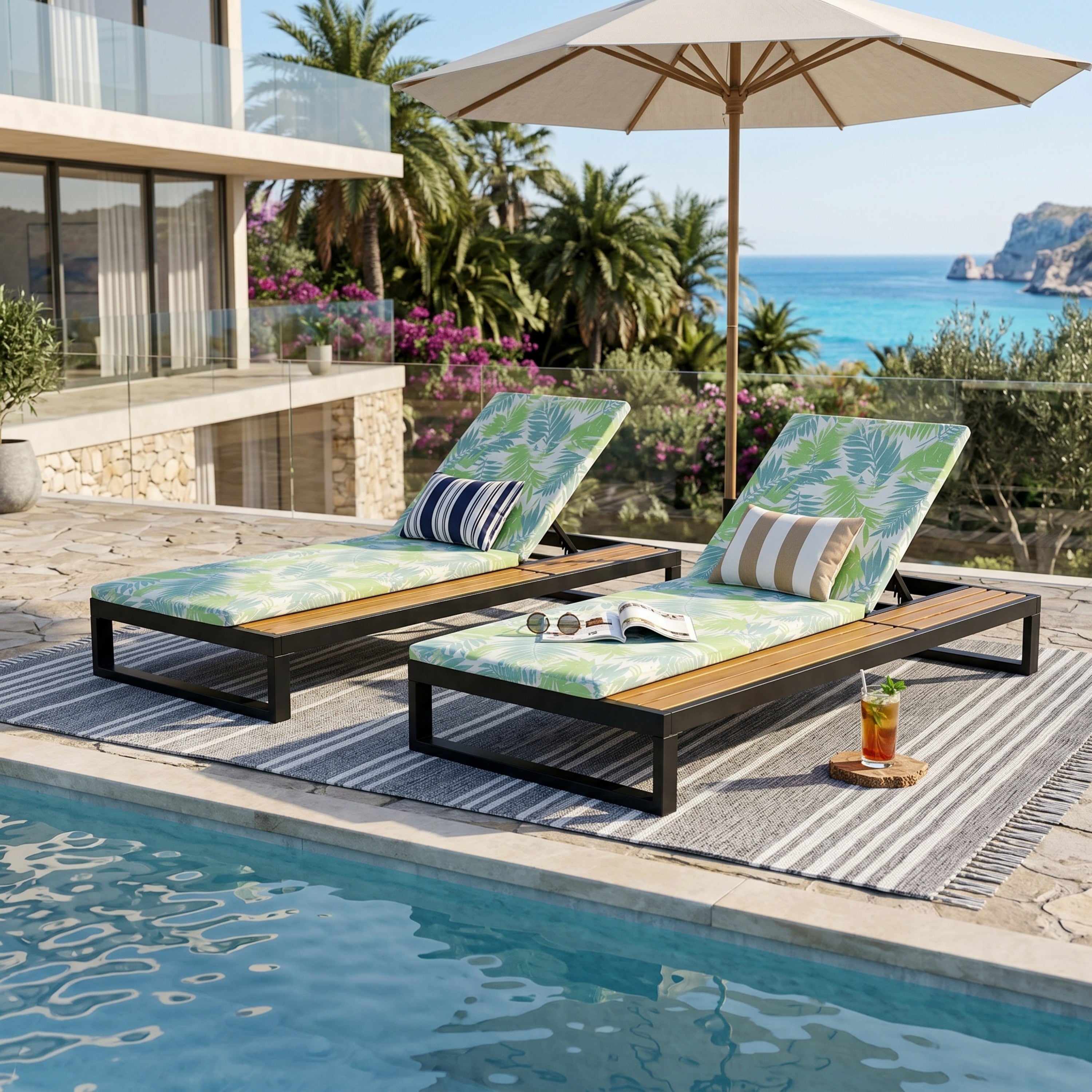 Black Iron & Teak Finish Chaise Lounge Set