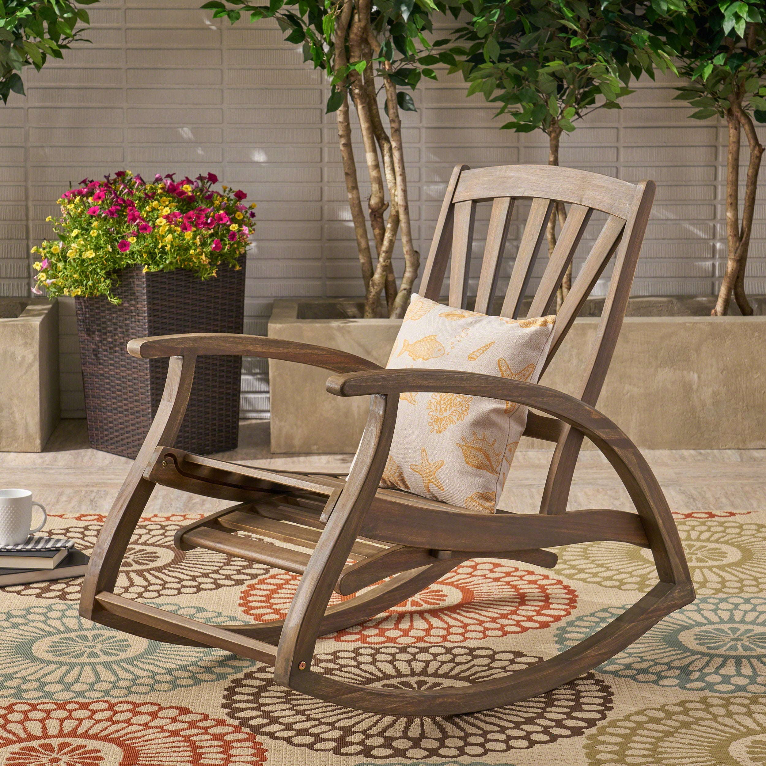 Outdoor Acacia Wood Rocking Chair with Retractable Foot Panel