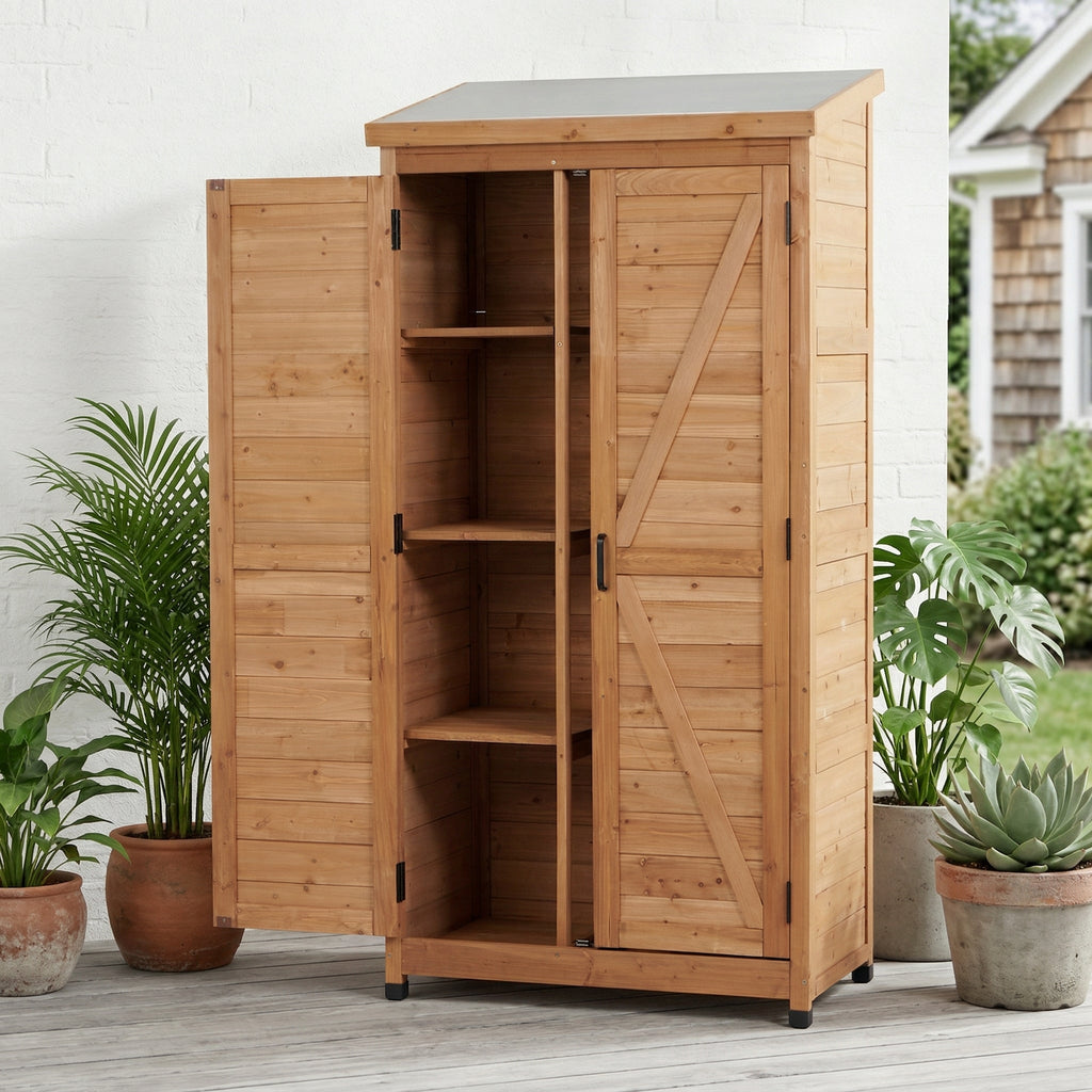 Outdoor Wooden Storage Shed with Metal Top Tall Vertical Tool Cabinet
