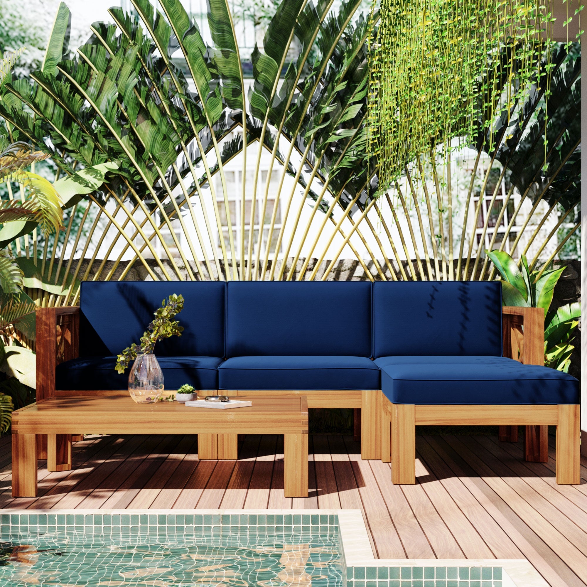 TOPMAX Outdoor Backyard Patio Wood 5-Piece Sectional Sofa Set