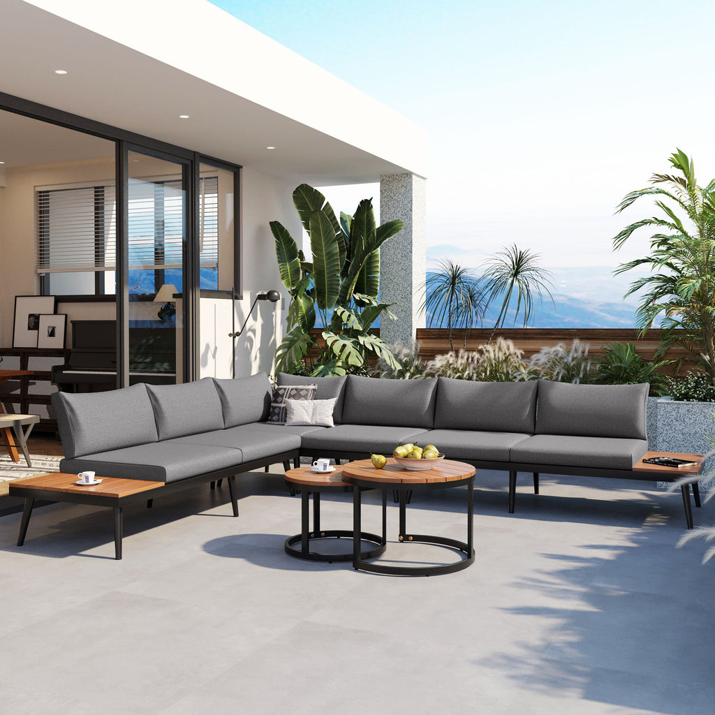 TREXM 6-Piece Outdoor Sectional Sofa Set with Round Nesting Tables