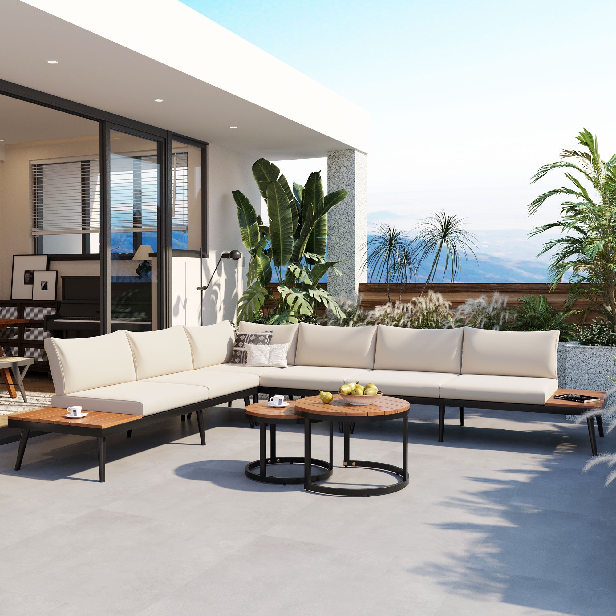 TREXM 6-Piece Outdoor Sectional Sofa Set with Round Nesting Coffee Tables