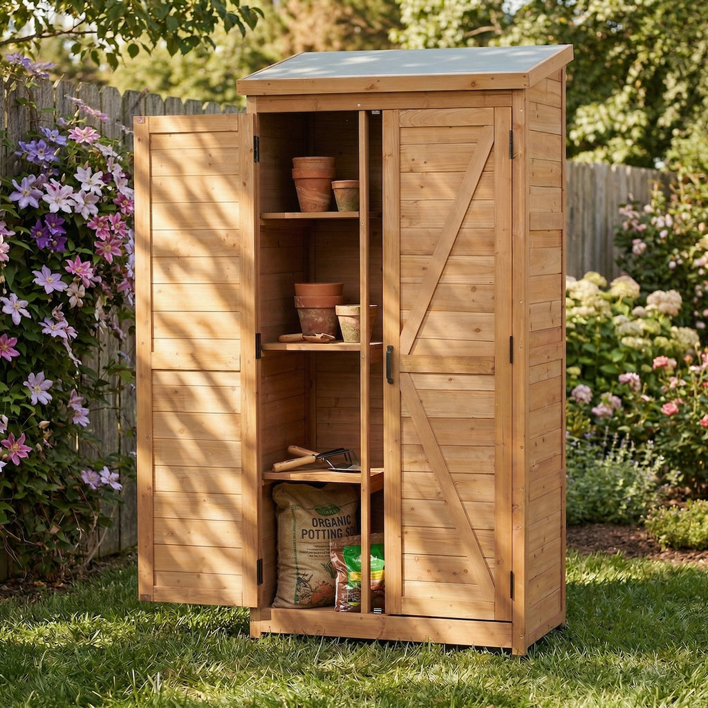 Outdoor Wooden Storage Shed with Metal Top Tall Vertical Tool Cabinet