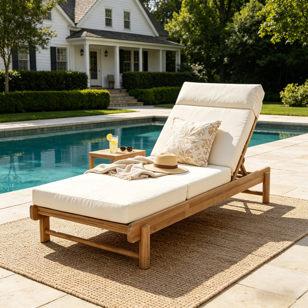 Light Teak Acacia Wood Chaise Lounge Set: 1 Frame + 1 4-Fold