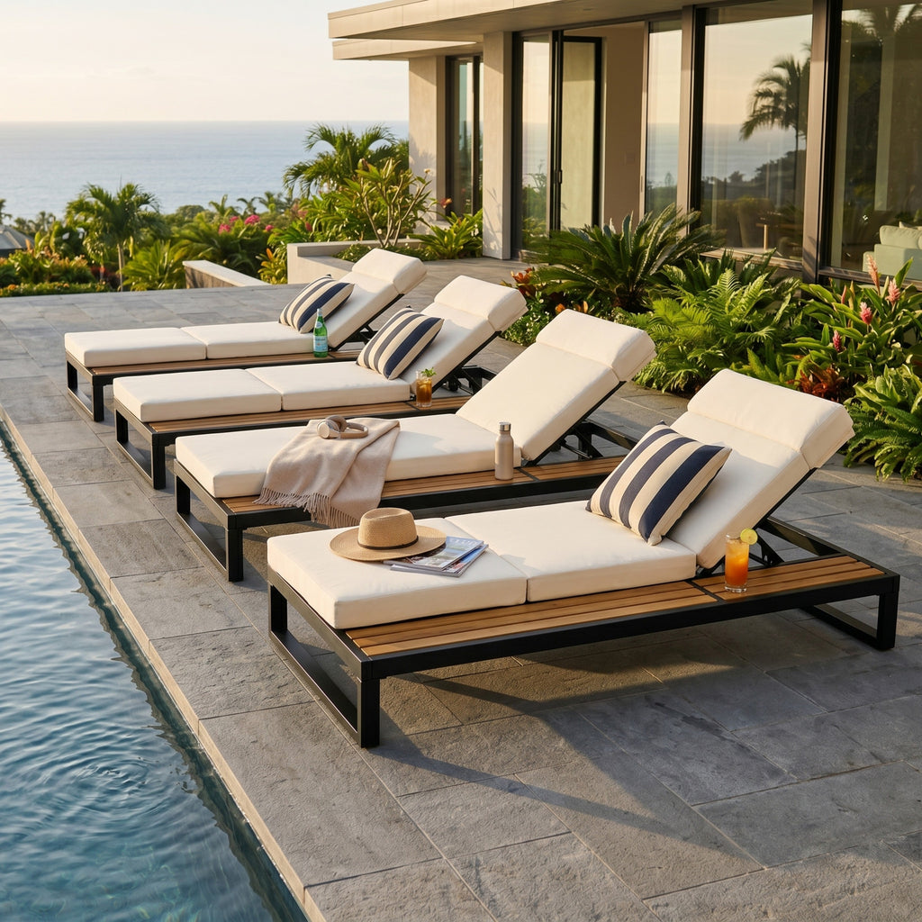 Black Iron & Teak Finish Chaise Lounge Set: 1 Frame + 1 4-Fold