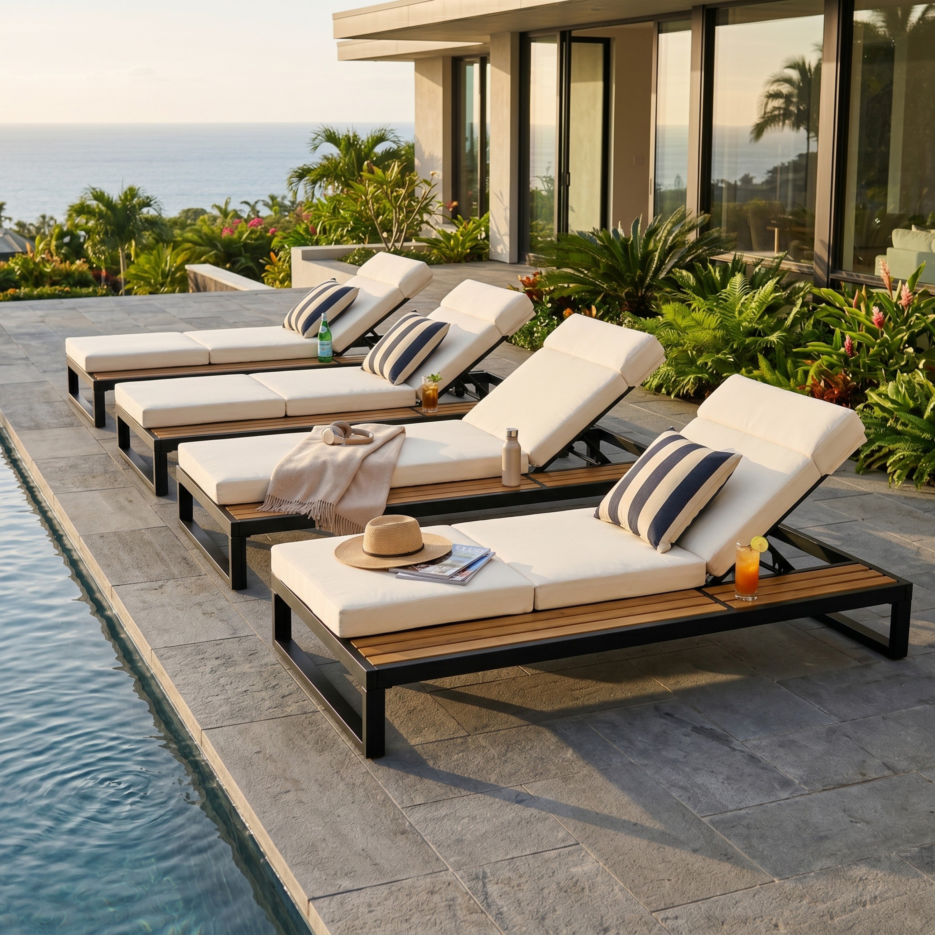 Black Iron & Teak Finish Chaise Lounge Set: 1 Frame + 1 4-Fold
