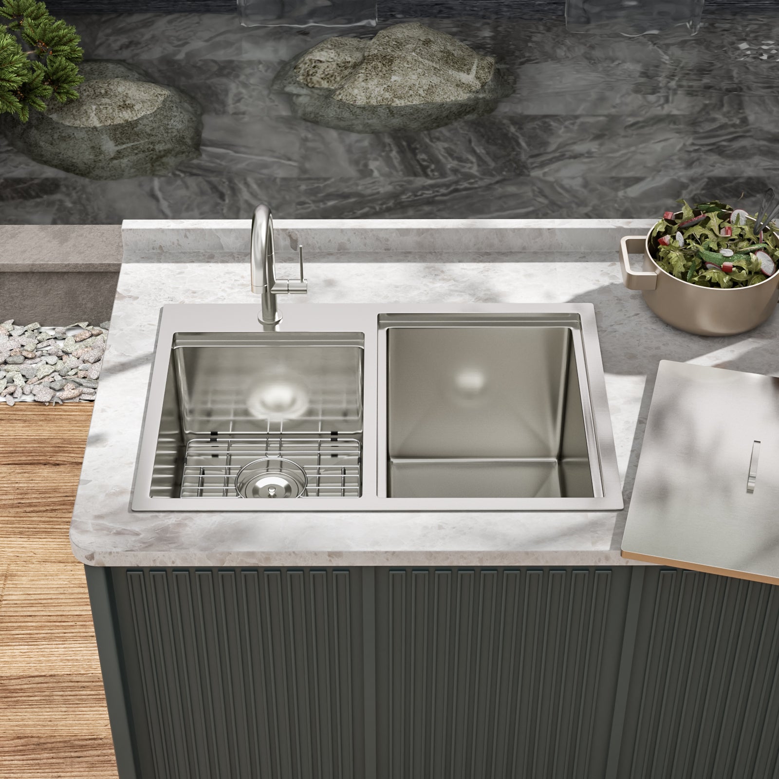 Outdoor Double Bowl Drop-In Stainless Steel Sink with Workstation