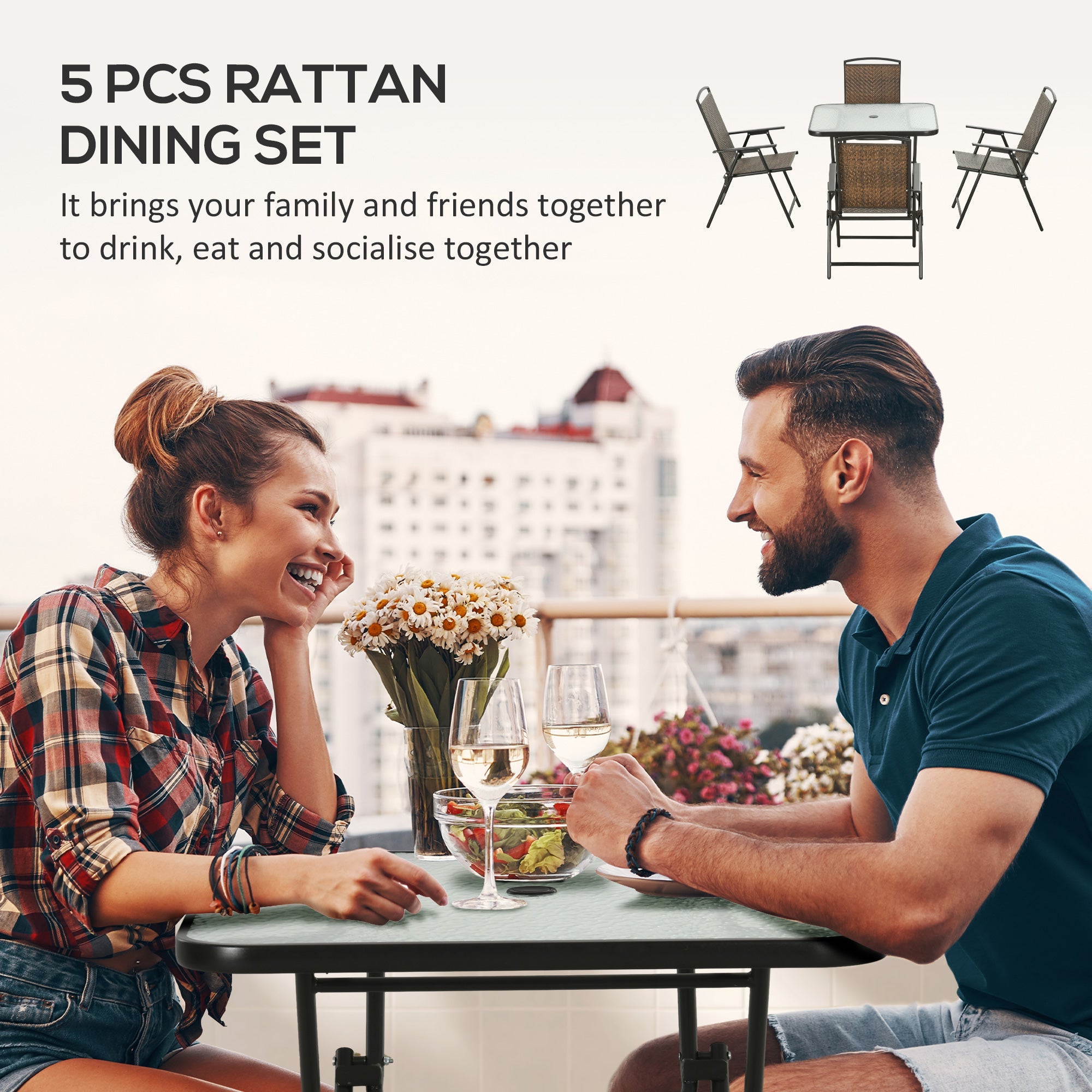 5-Piece Foldable Wicker Patio Dining Set with Umbrella Hole – Dark Brown