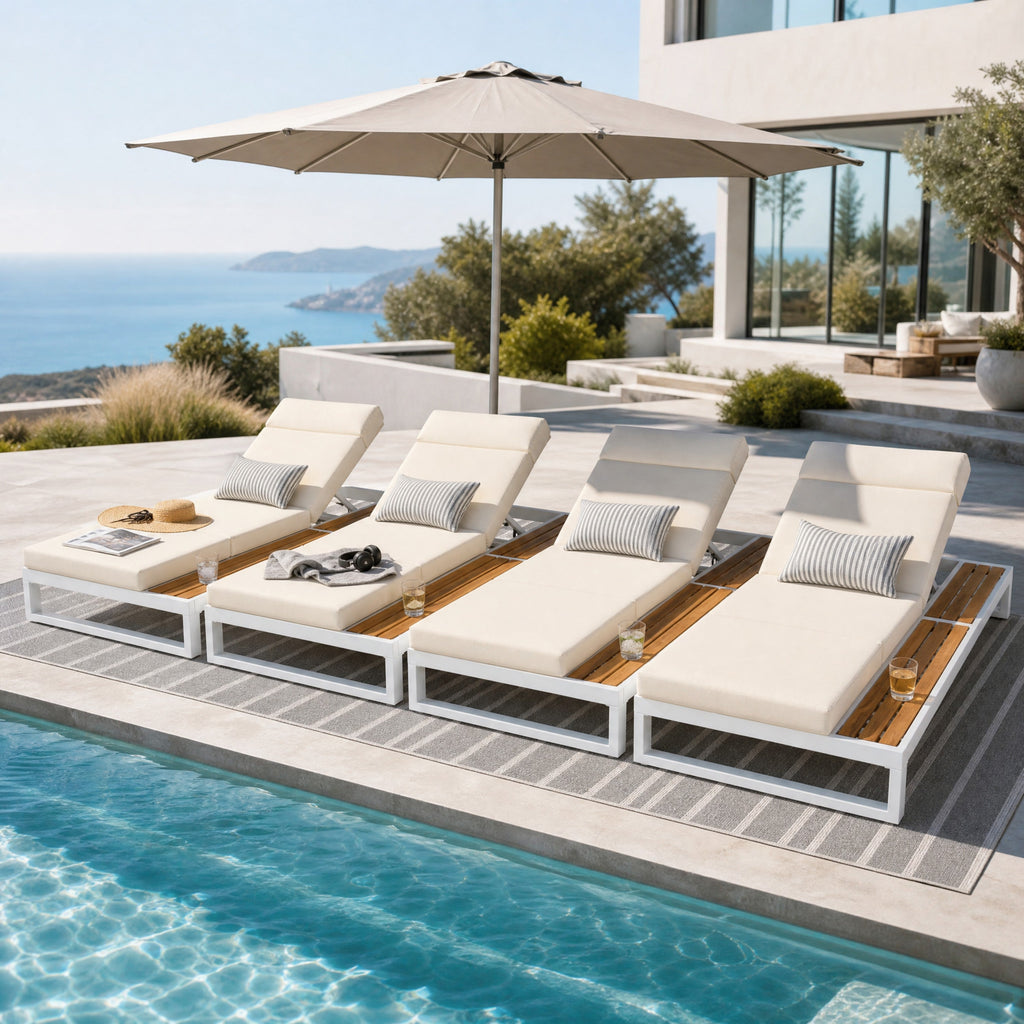 White Iron & Teak Finish Chaise Lounge Set