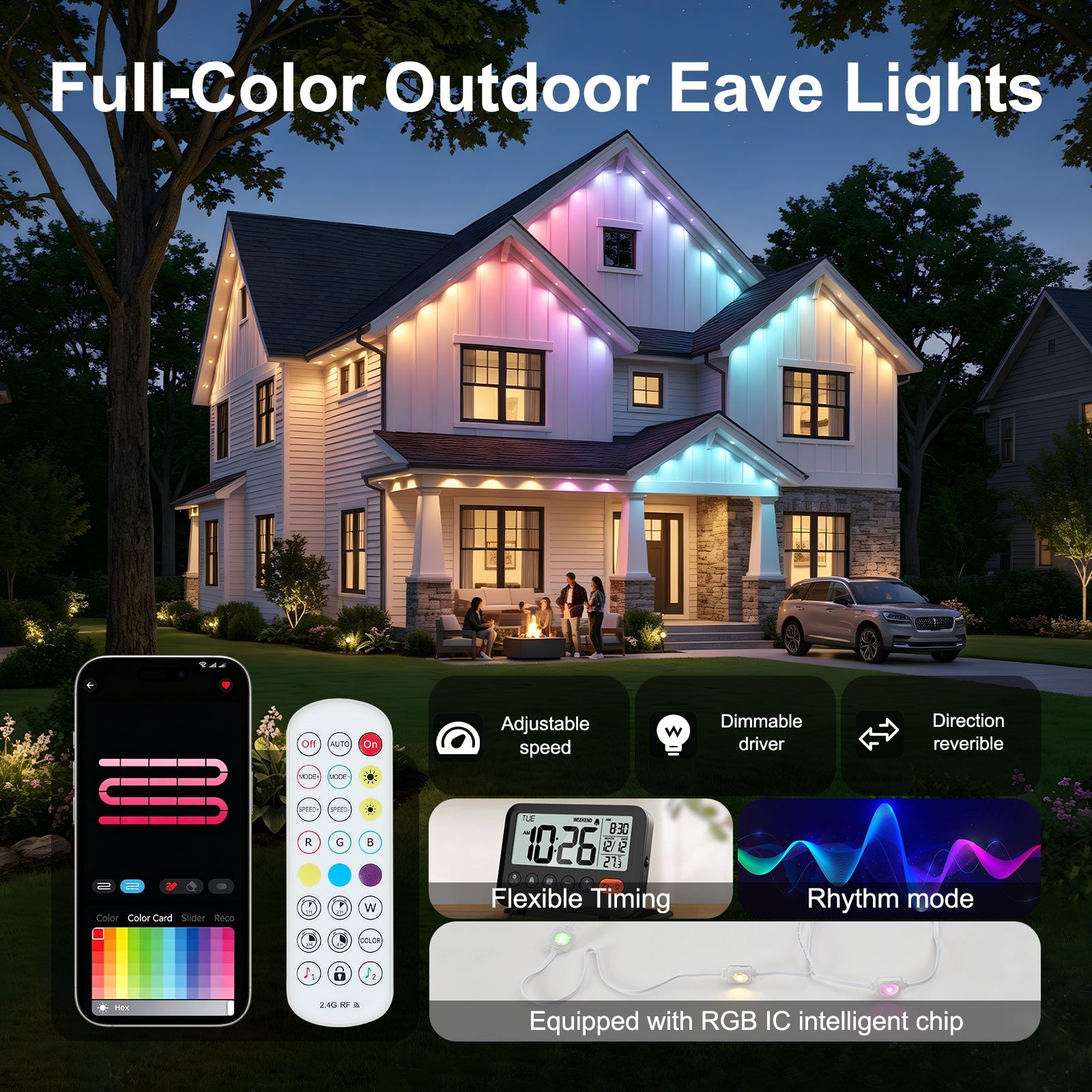 50ft Smart RGB Outdoor Lights with 30 LED Eaves Lights