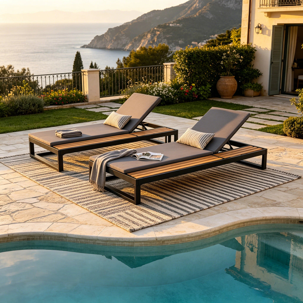 Black Iron & Teak Finish Chaise Lounge Set