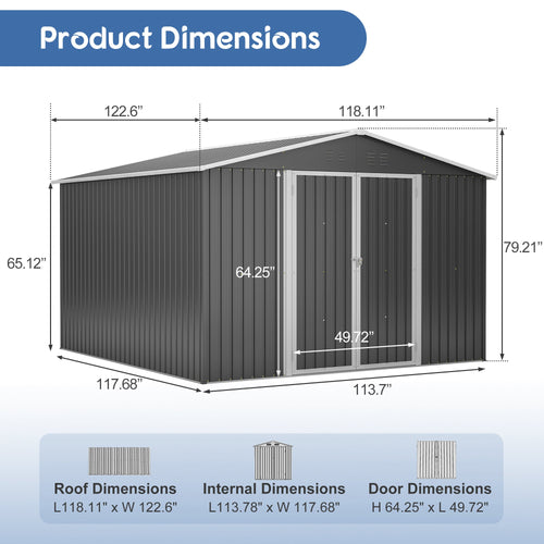 10x10 Ft Large Outdoor Metal Storage Shed