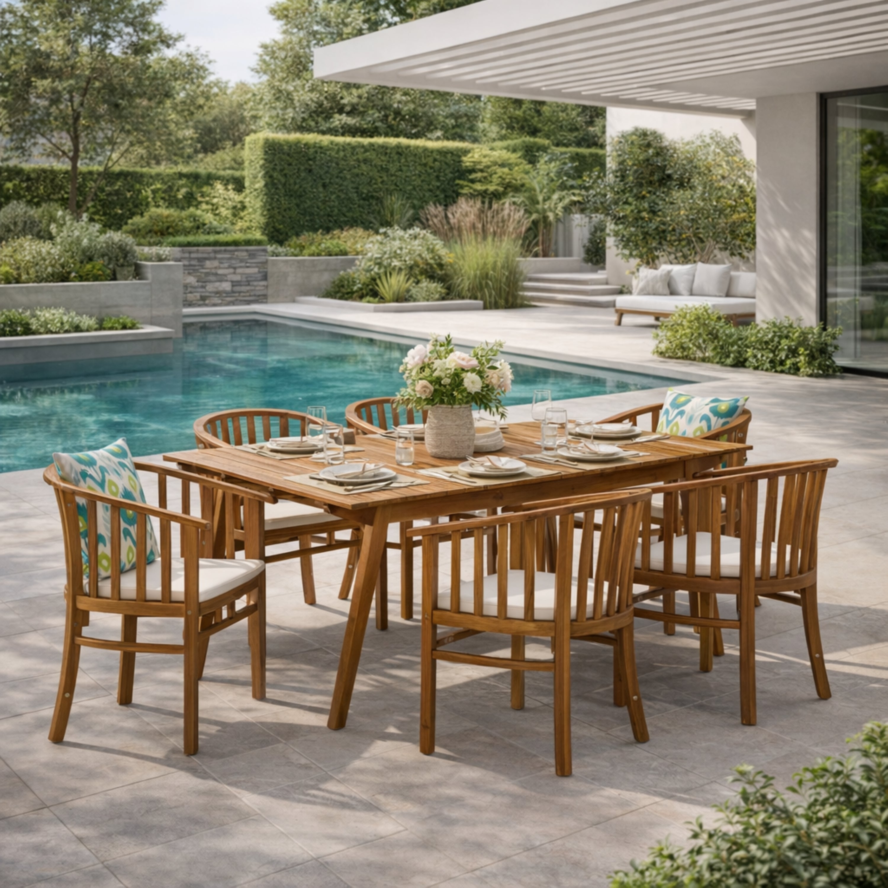 Outdoor 6 Seater Acacia Wood Dining Set with Cushions