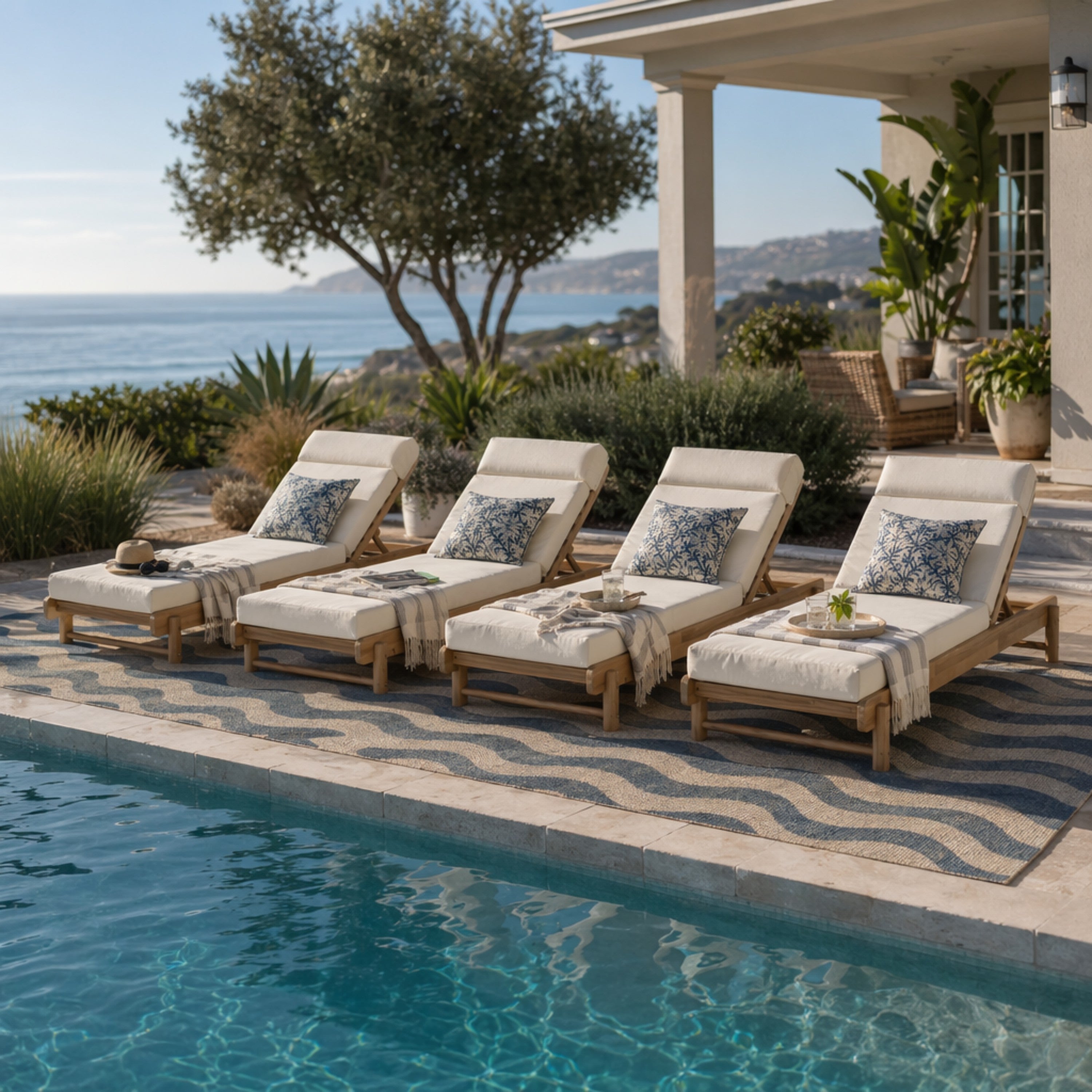 Light Teak Acacia Wood Chaise Lounge Set: 1 Frame + 1 4-Fold