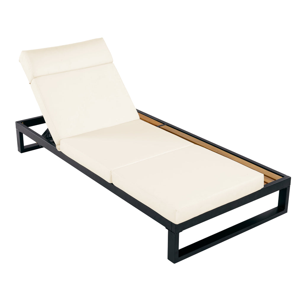 Black Iron & Teak Finish Chaise Lounge Set: 1 Frame + 1 4-Fold