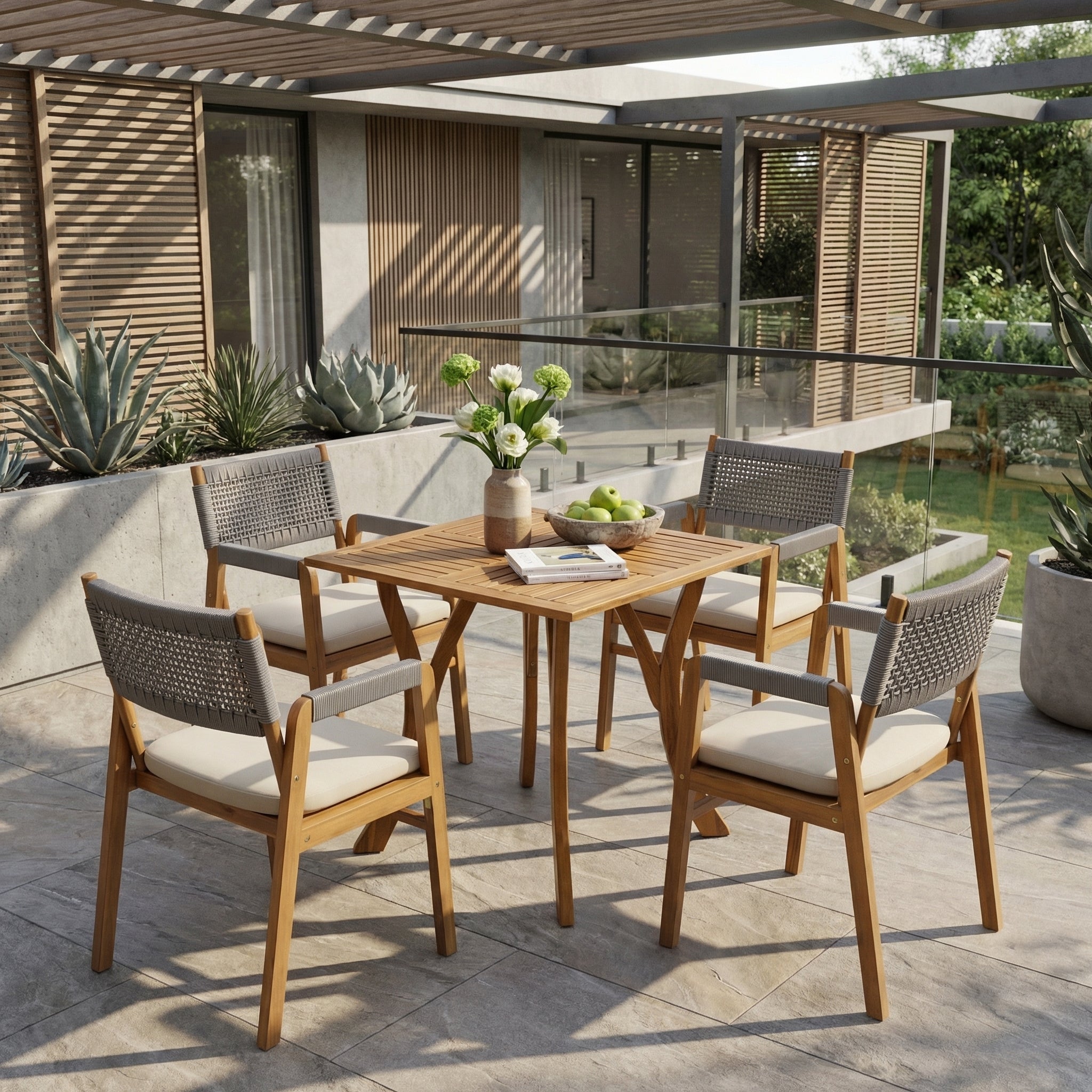 Outdoor 5 Pieces Rustic Patio Acacia Bistro Set with Cushions