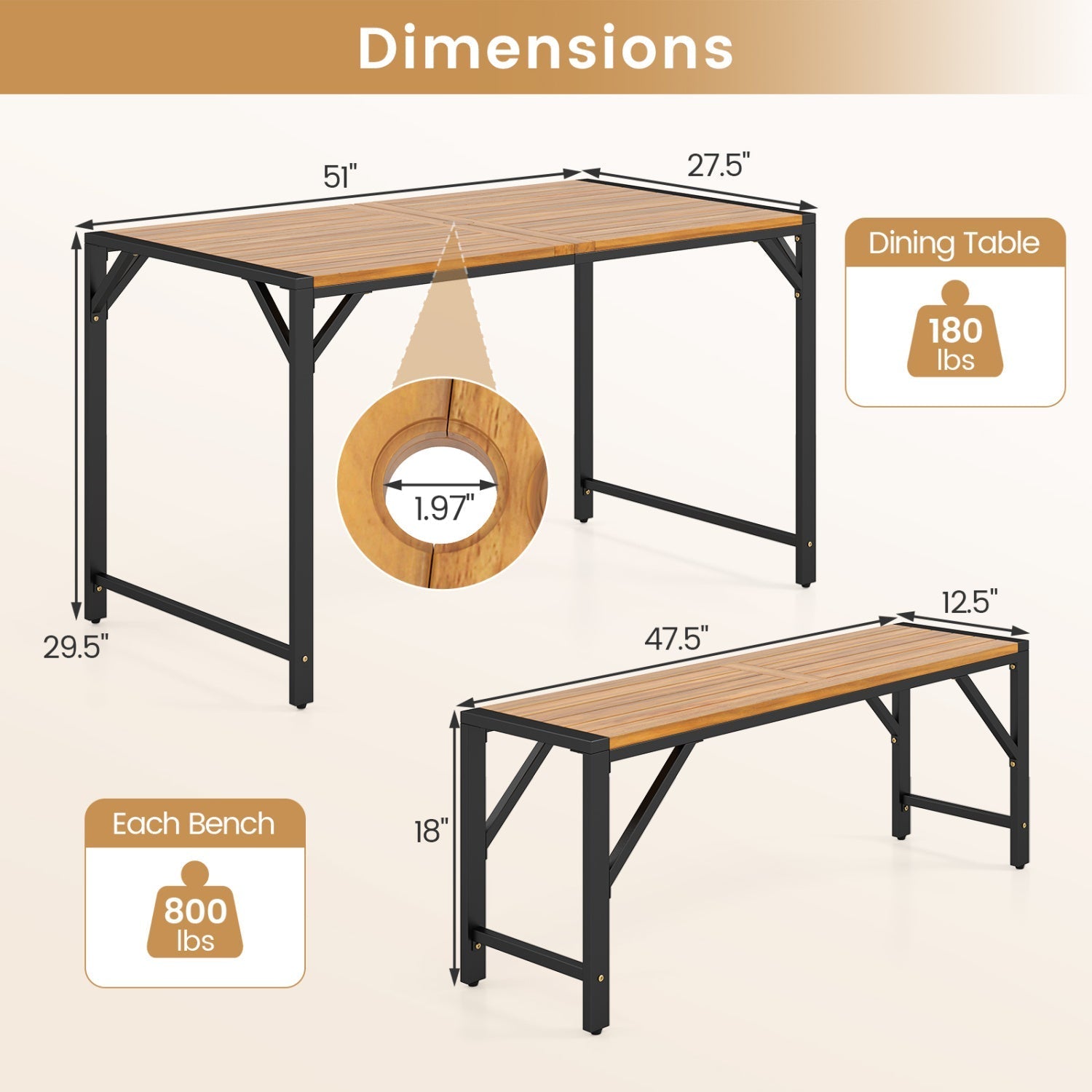 51" Acacia Wood Patio Dining Table with Umbrella Hole