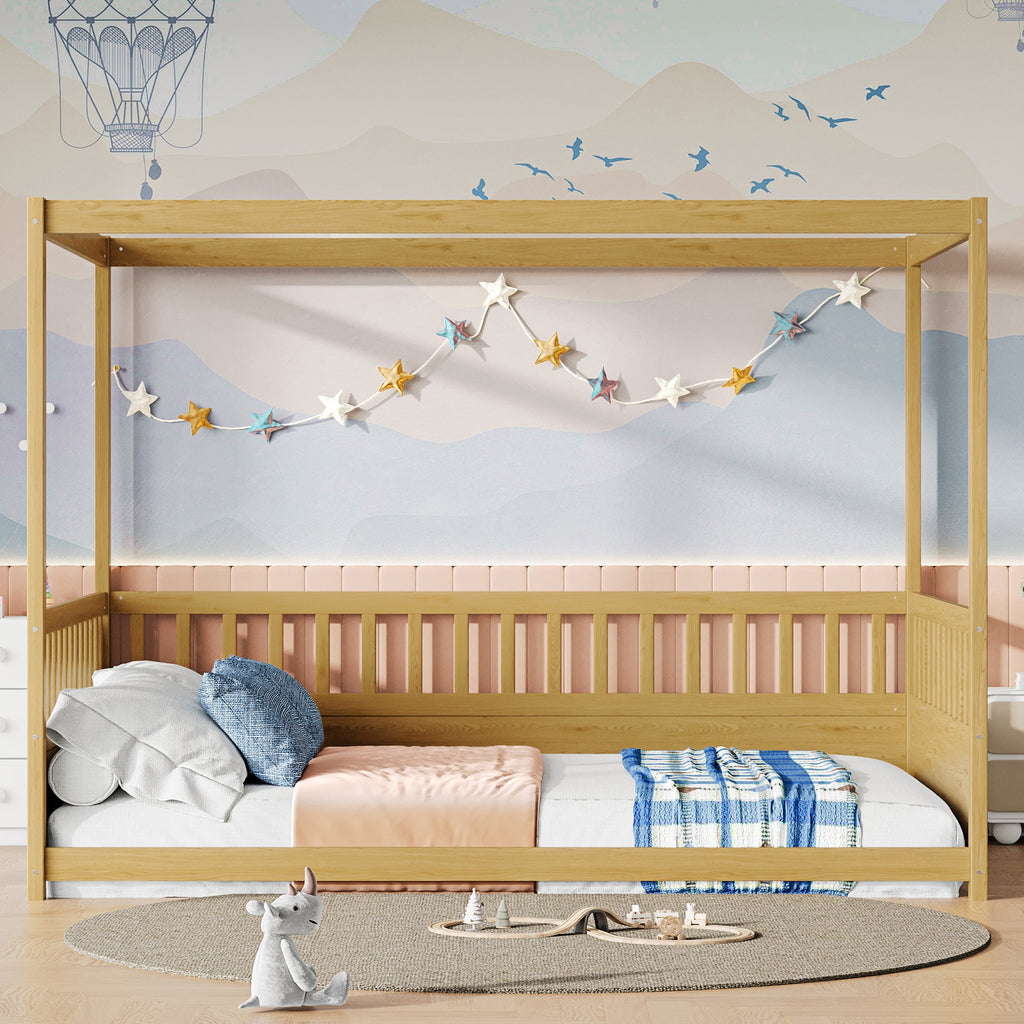 Full Size Canopy Bed Frame with Guardrails for Kids