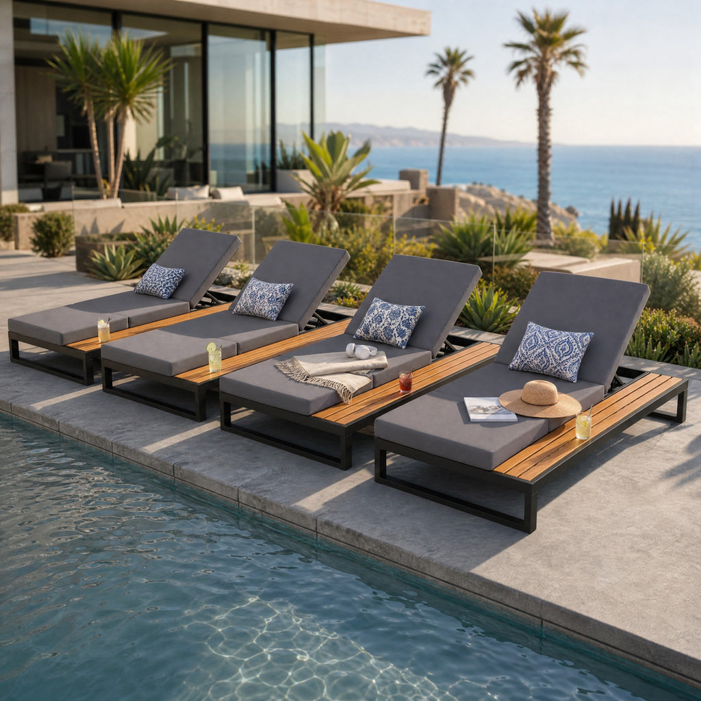 Black Iron & Teak Finish Chaise Lounge Set: 1 Frame + 1 3-Fold Dark Cushion
