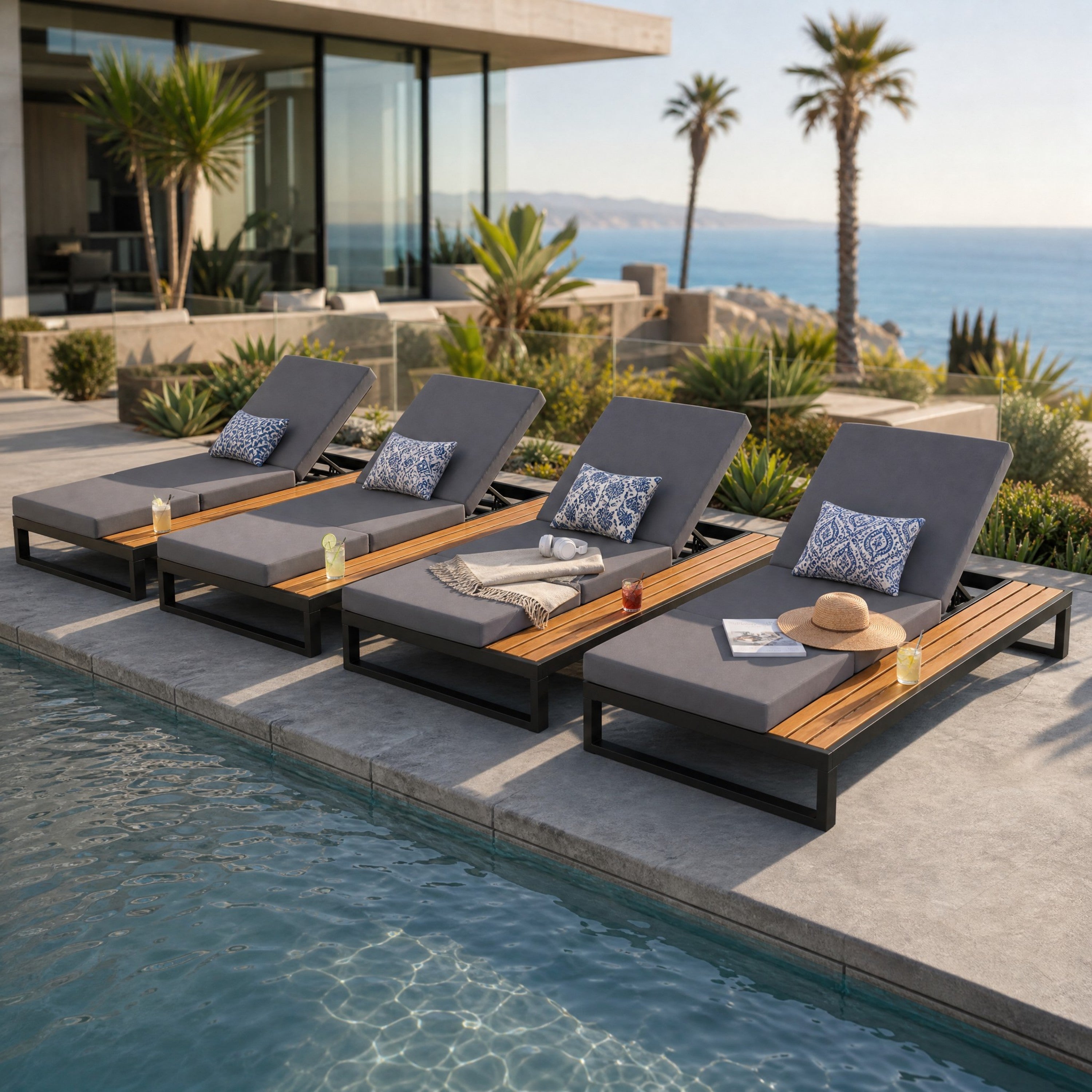 Black Iron & Teak Finish Chaise Lounge Set: 1 Frame + 1 3-Fold Dark Cushion