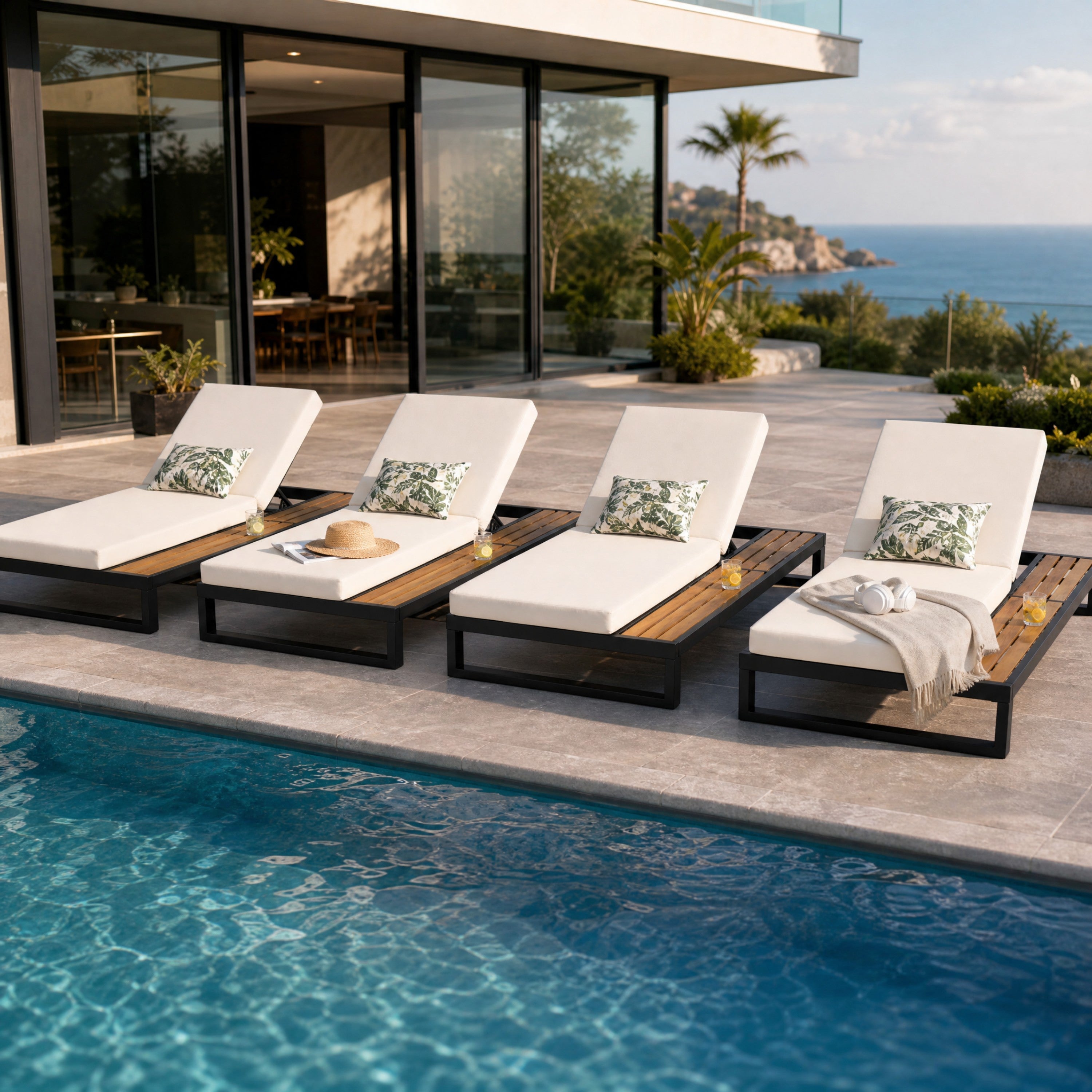 Black Iron & Teak Finish Chaise Lounge Set