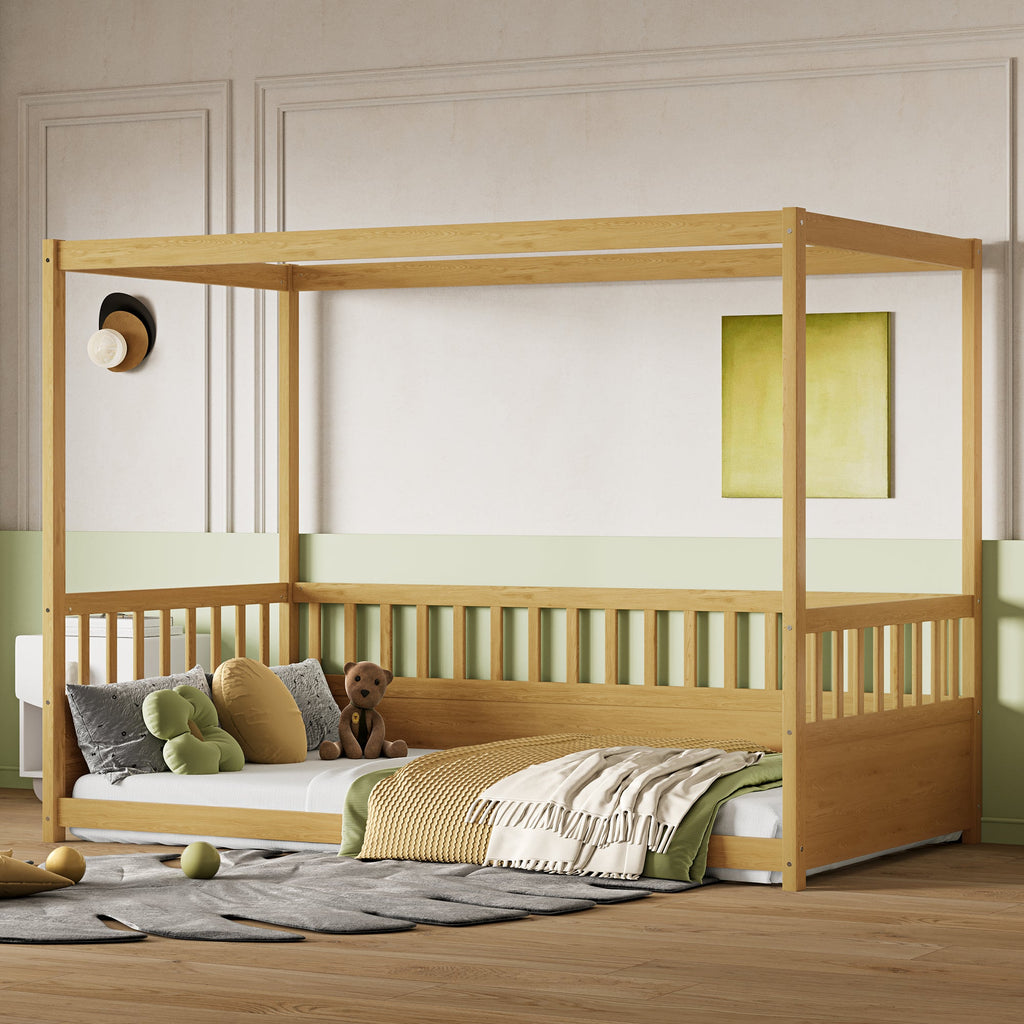 Twin Size Canopy Bed Frame with Guardrails for Kids