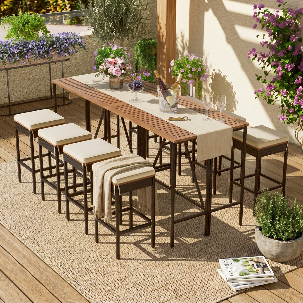 GO 10-Piece Outdoor Acacia Wood Bar Height Table And Stools Set