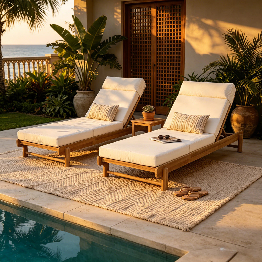 Light Teak Acacia Wood Chaise Lounge Set: 1 Frame + 1 4-Fold