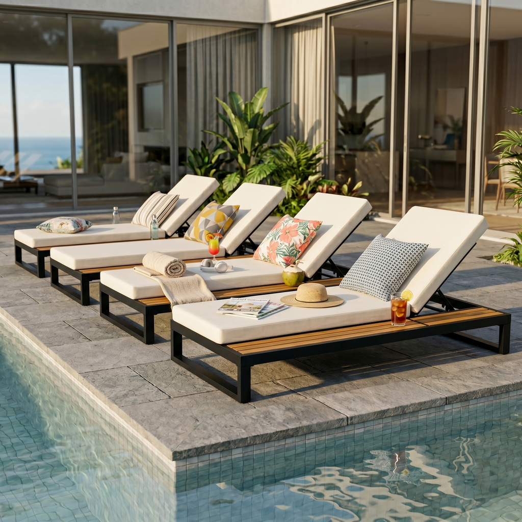 Black Iron & Teak Finish Chaise Lounge Set