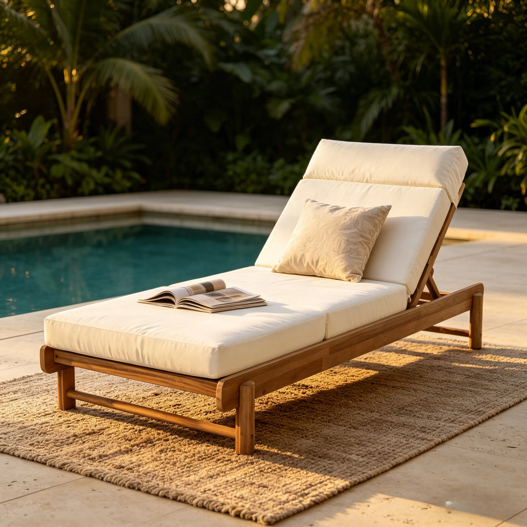 Light Teak Acacia Wood Chaise Lounge Set: 1 Frame + 1 4-Fold