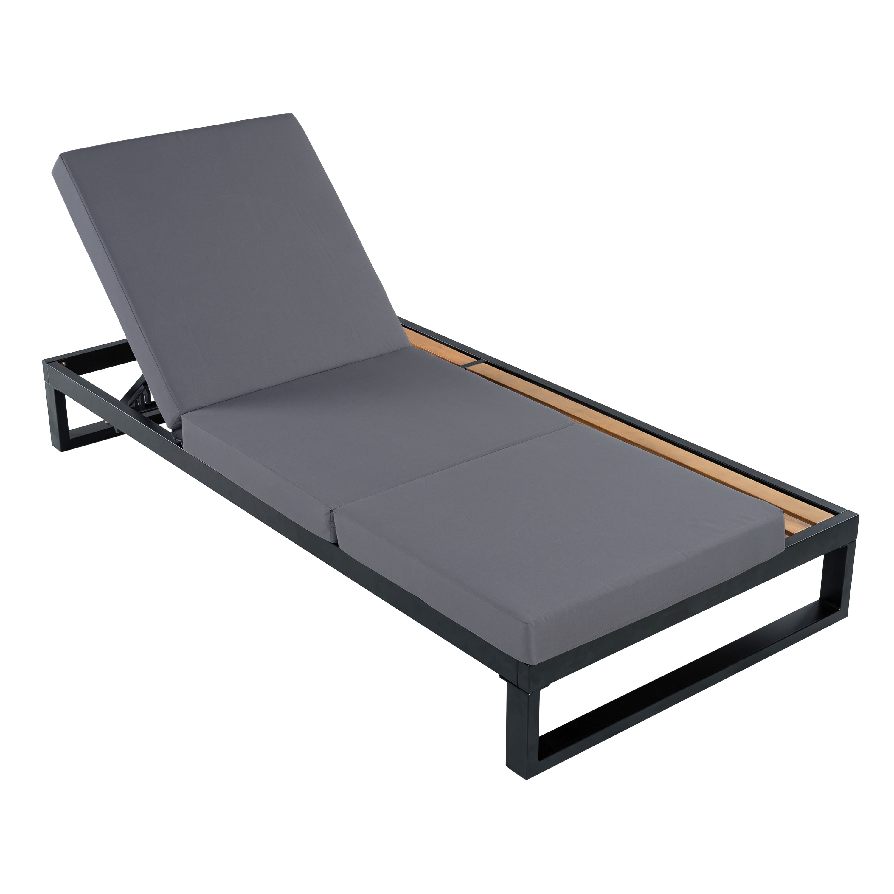 Black Iron & Teak Finish Chaise Lounge Set: 1 Frame + 1 3-Fold Dark Cushion