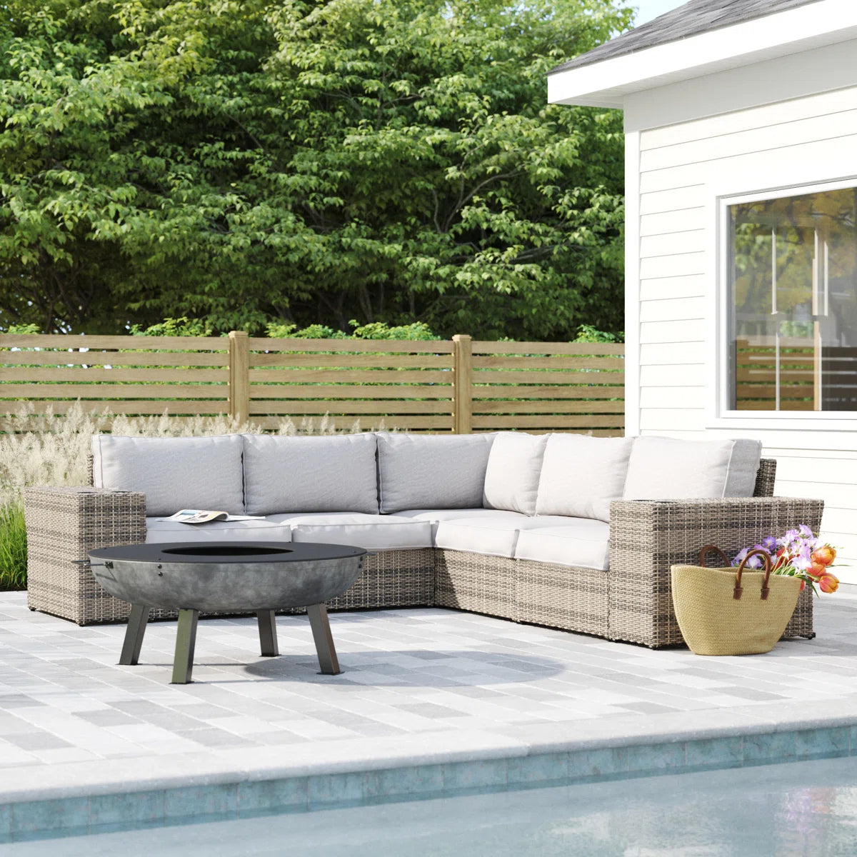 LSI 102'' Wide Outdoor Wicker Patio Sectional with Cushions