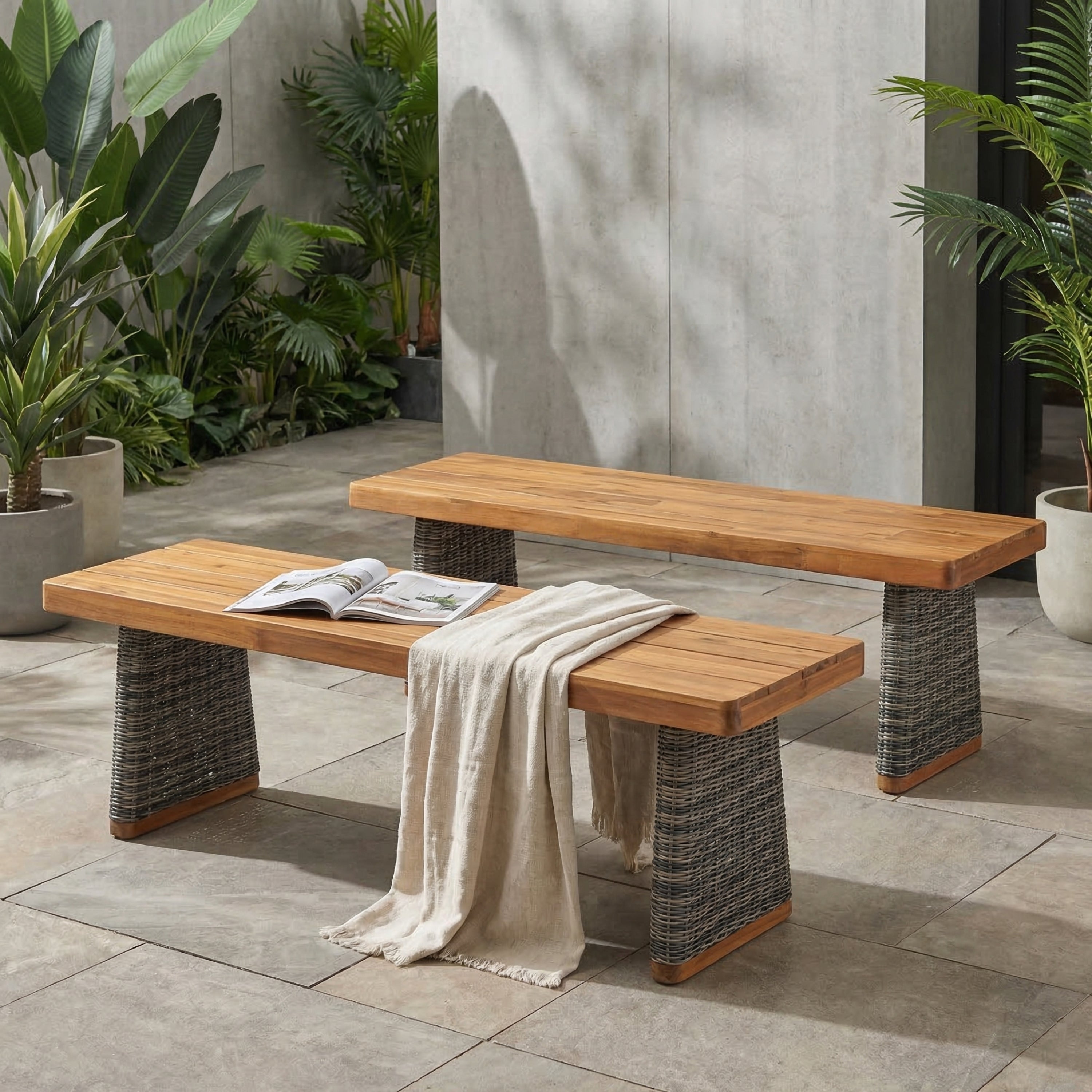 Outdoor Acacia Wood Bench Set of 2 - Teak Finish