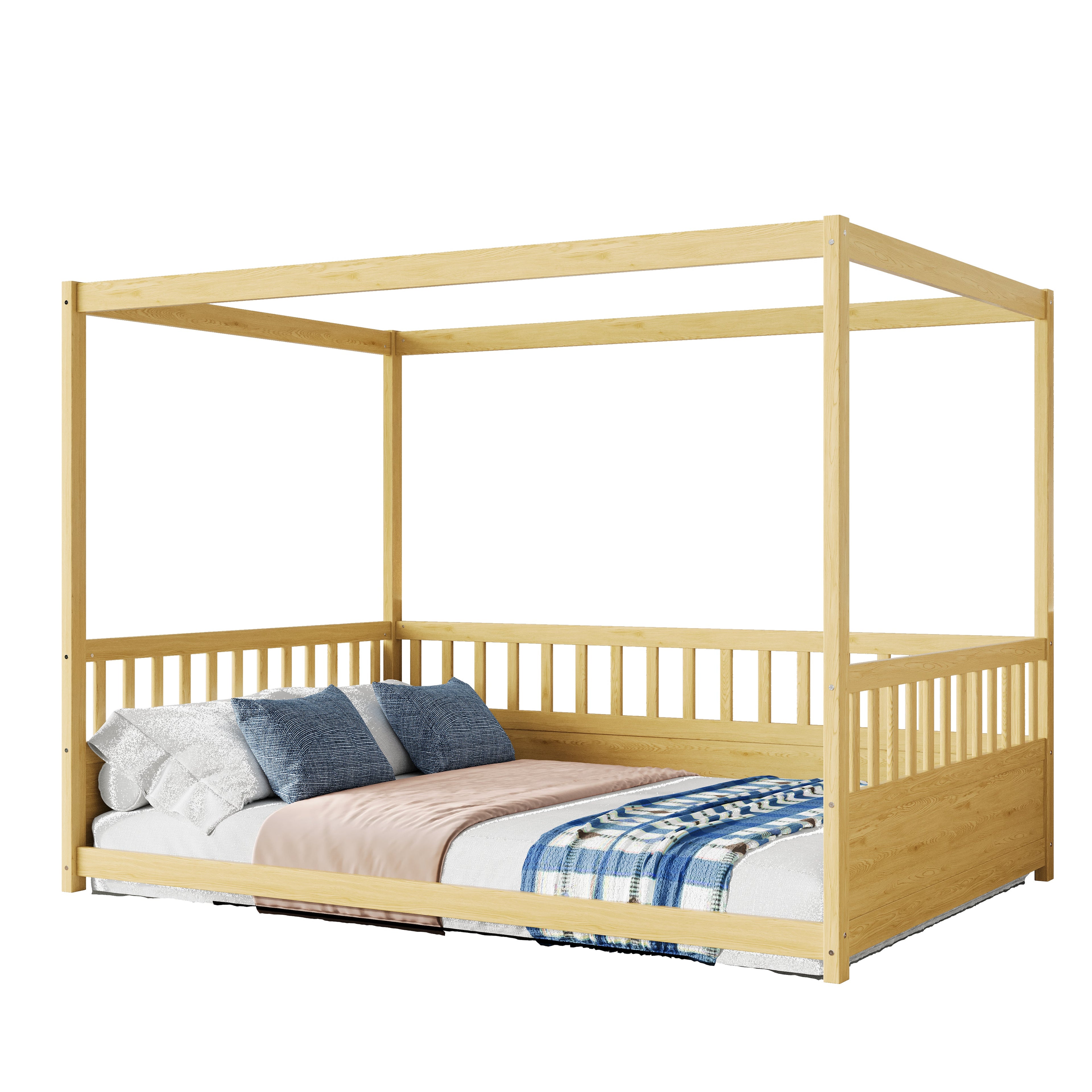 Full Size Canopy Bed Frame with Guardrails for Kids