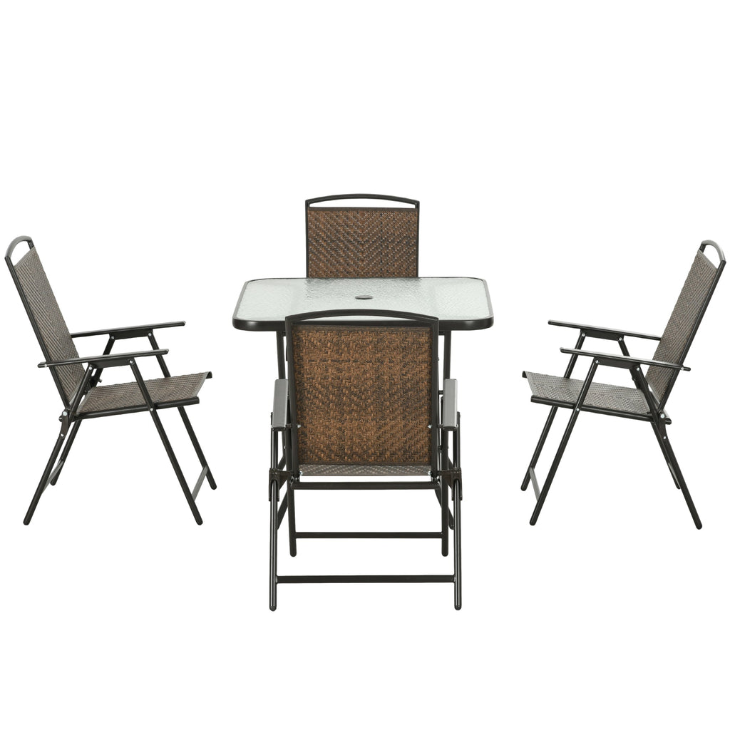 5-Piece Foldable Wicker Patio Dining Set with Umbrella Hole – Dark Brown