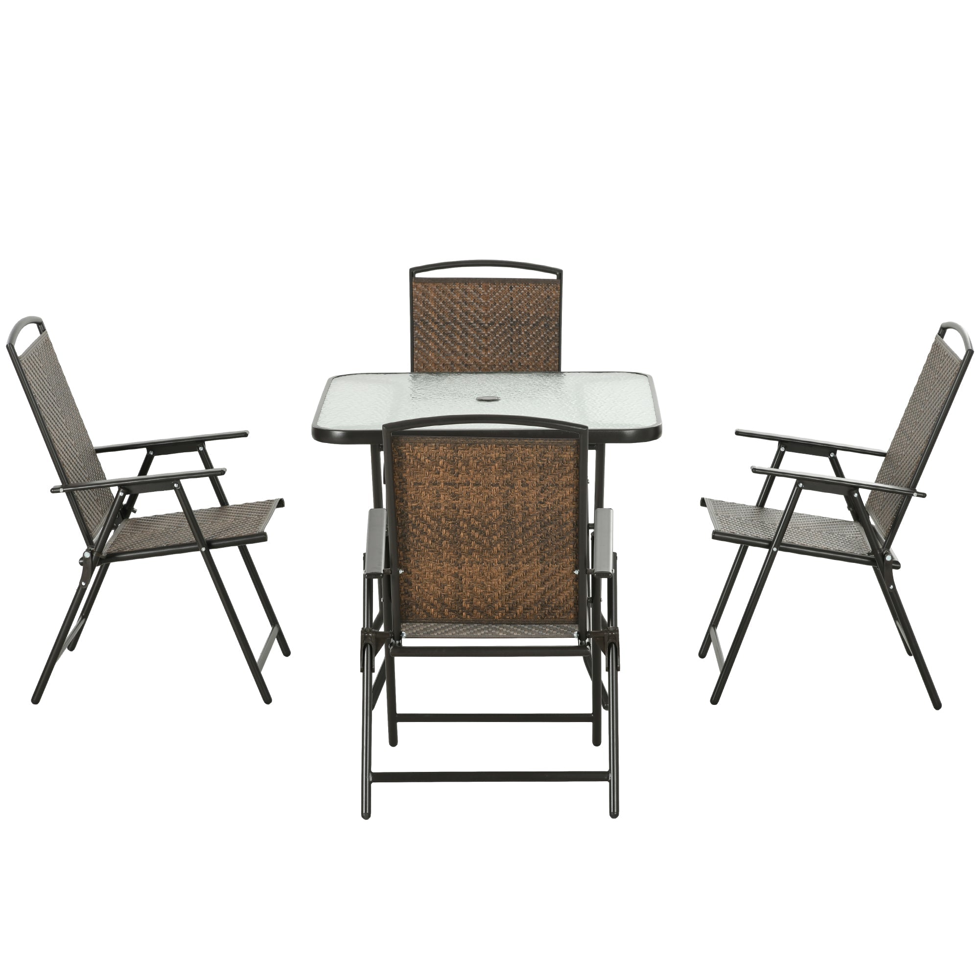 5-Piece Foldable Wicker Patio Dining Set with Umbrella Hole – Dark Brown