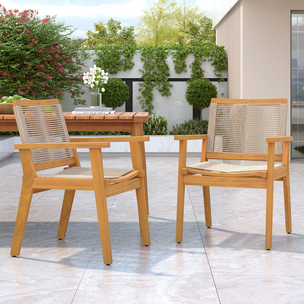 Outdoor Dining Chairs Set of 2, Teak Finish Wood Frame and Mix