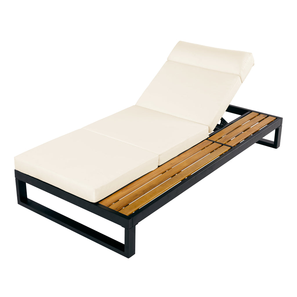 Black Iron & Teak Finish Chaise Lounge Set: 1 Frame + 1 4-Fold