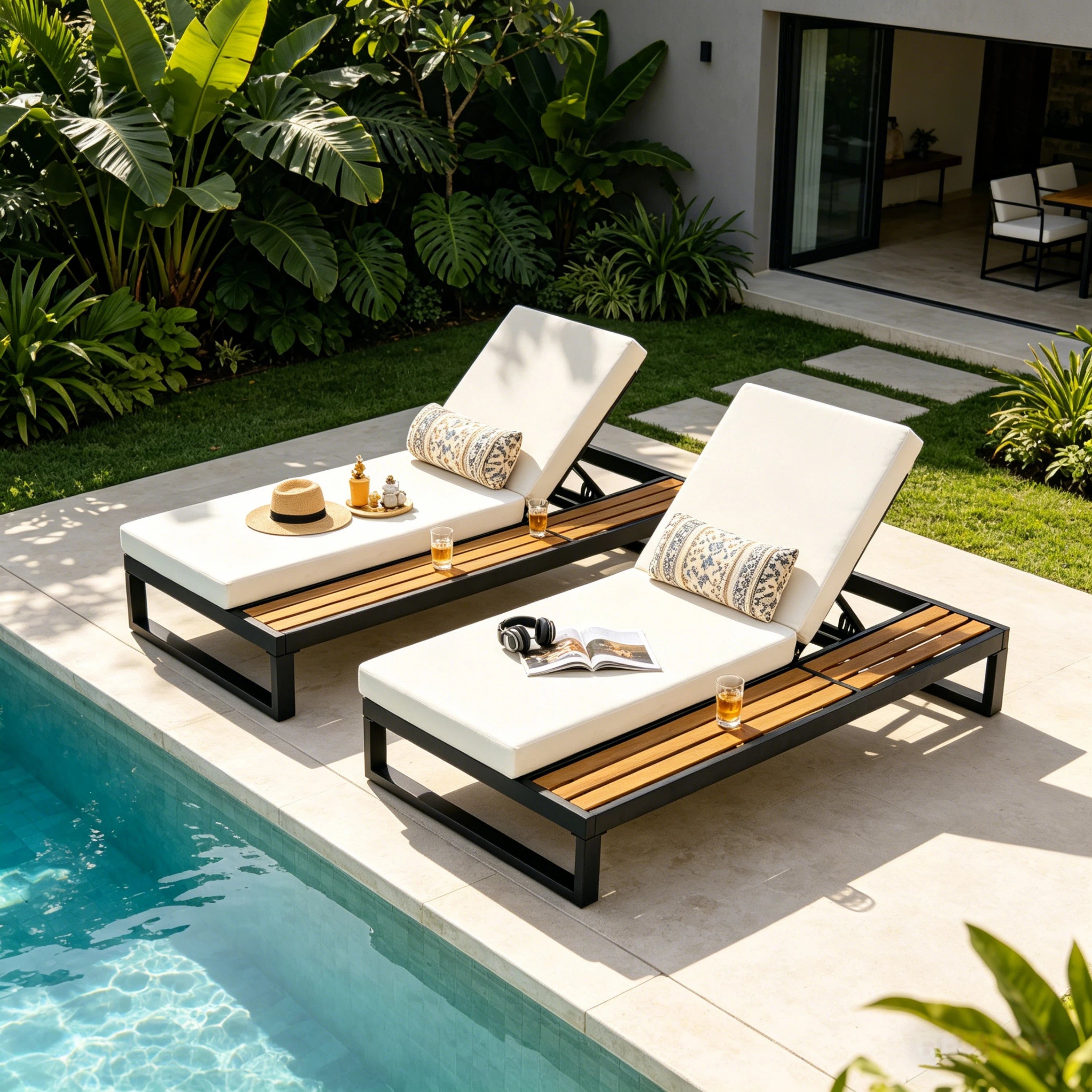 Black Iron & Teak Finish Chaise Lounge Set