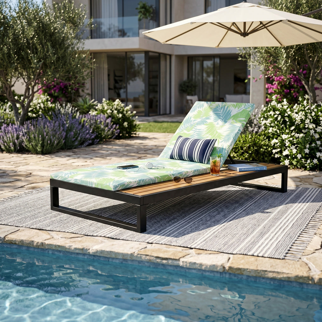 Black Iron & Teak Finish Chaise Lounge Set