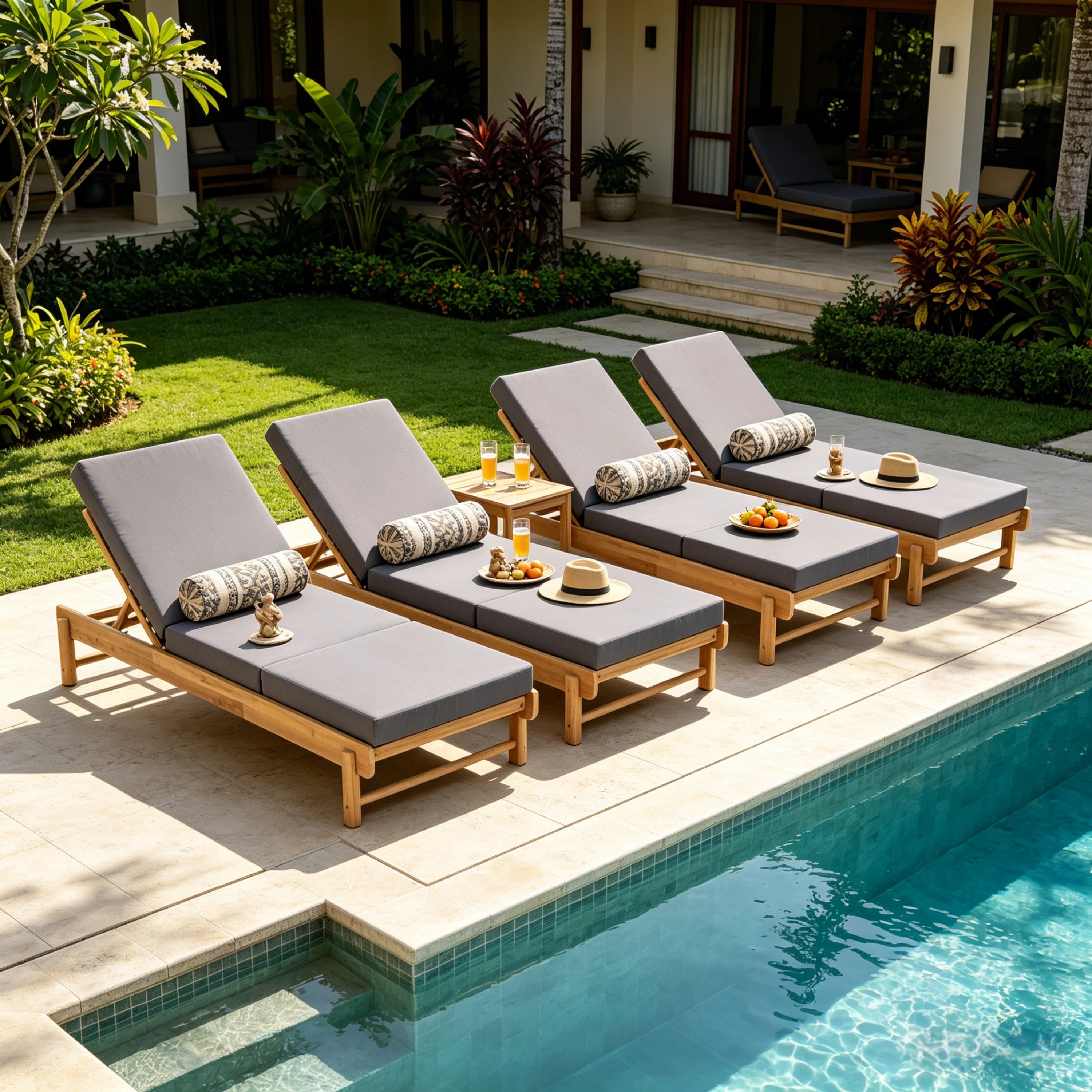 Light Teak Acacia Wood Chaise Lounge Set