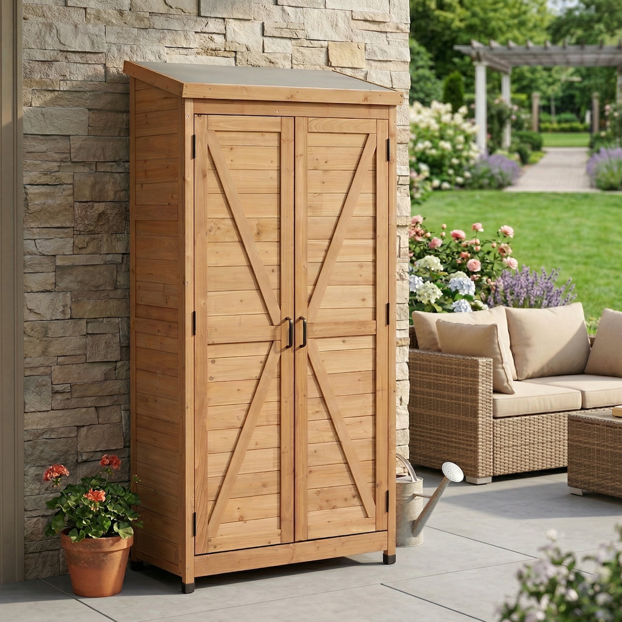 Outdoor Wooden Storage Shed with Metal Top Tall Vertical Tool Cabinet